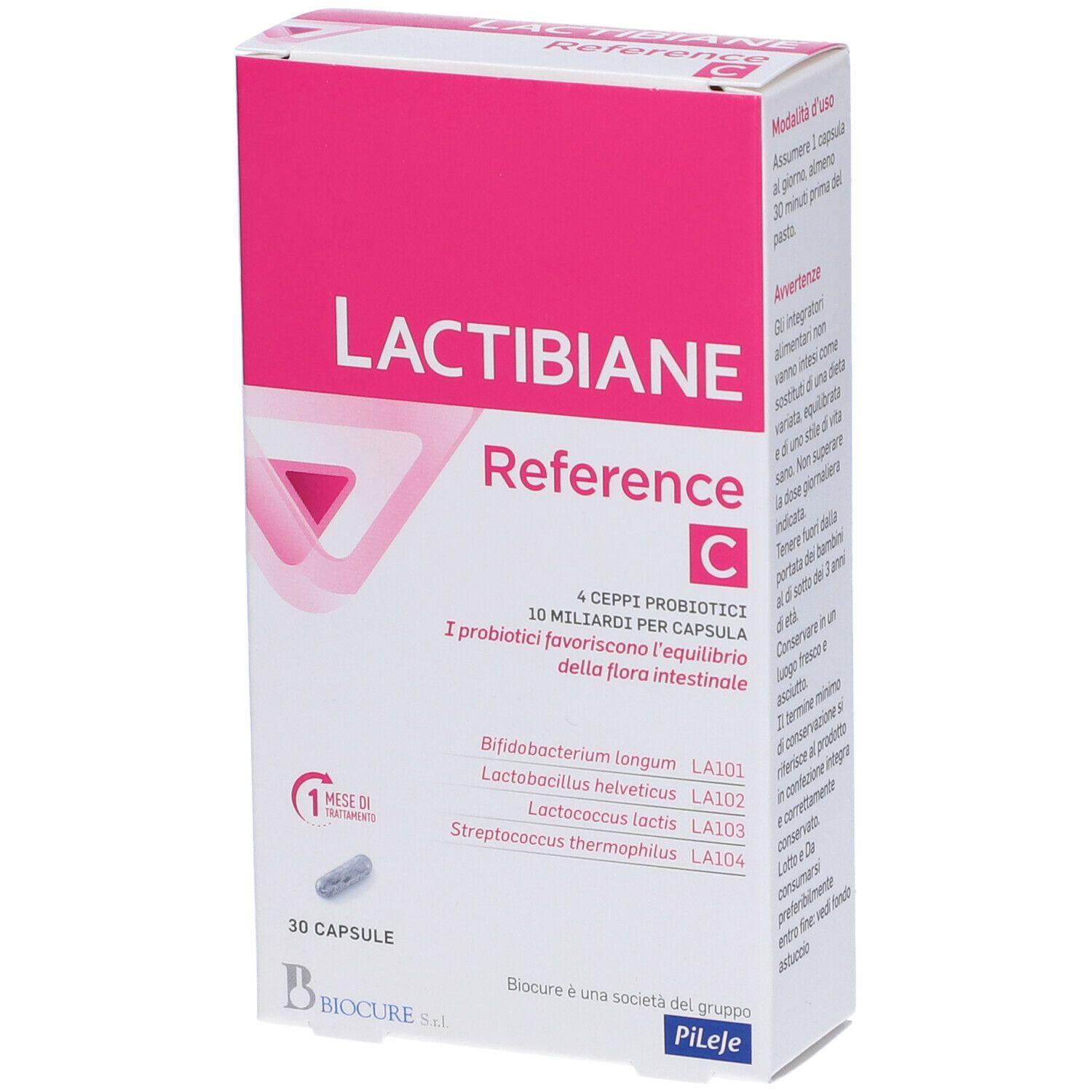 Scatola di Lactibiane Reference C. Confezione rosa e bianca con nome del prodotto e informazioni sugli ingredienti.