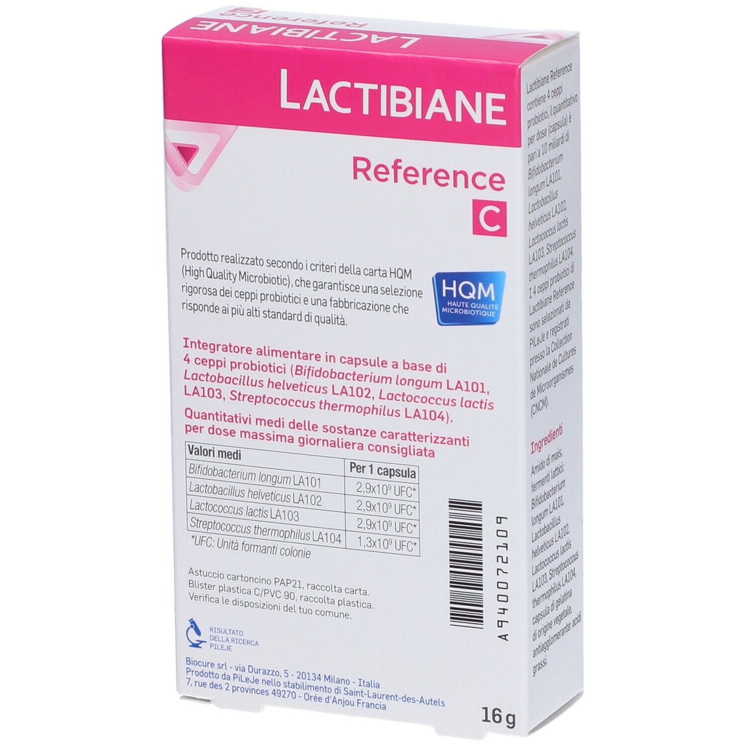Retro della confezione di Lactibiane Reference C. Contiene informazioni sugli ingredienti e i valori nutrizionali. Marchio di qualità HQM.