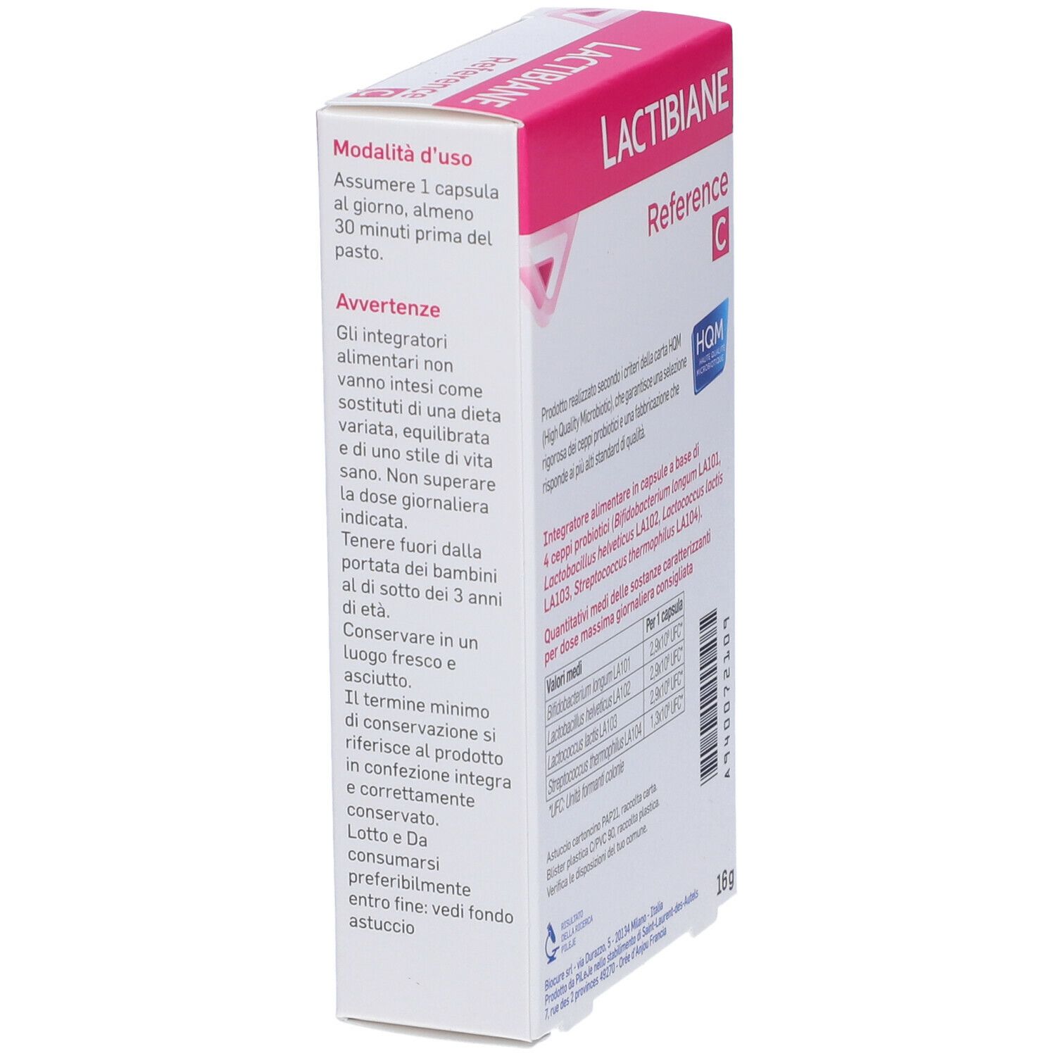 Confezione di Lactibiane Reference C. Contiene informazioni sull'uso e avvertenze. Marchio di qualità HQM.
