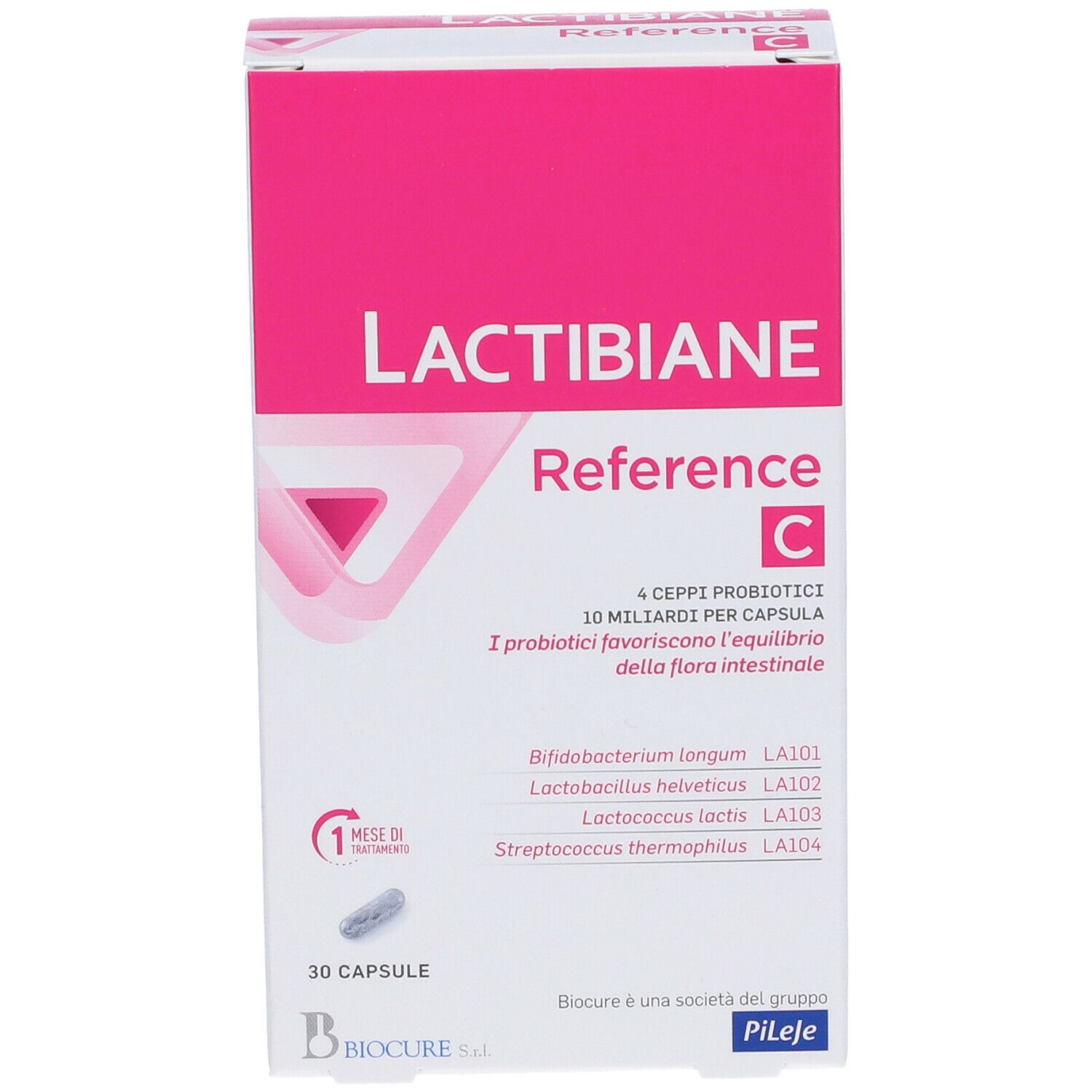 Fronte della confezione di Lactibiane Reference C. Scatola rosa e bianca con nome del prodotto e informazioni sugli ingredienti.