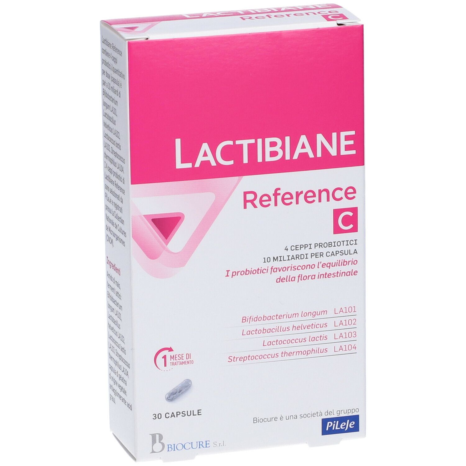 Fronte della confezione di Lactibiane Reference C. Scatola rosa e bianca con nome del prodotto e informazioni sugli ingredienti.