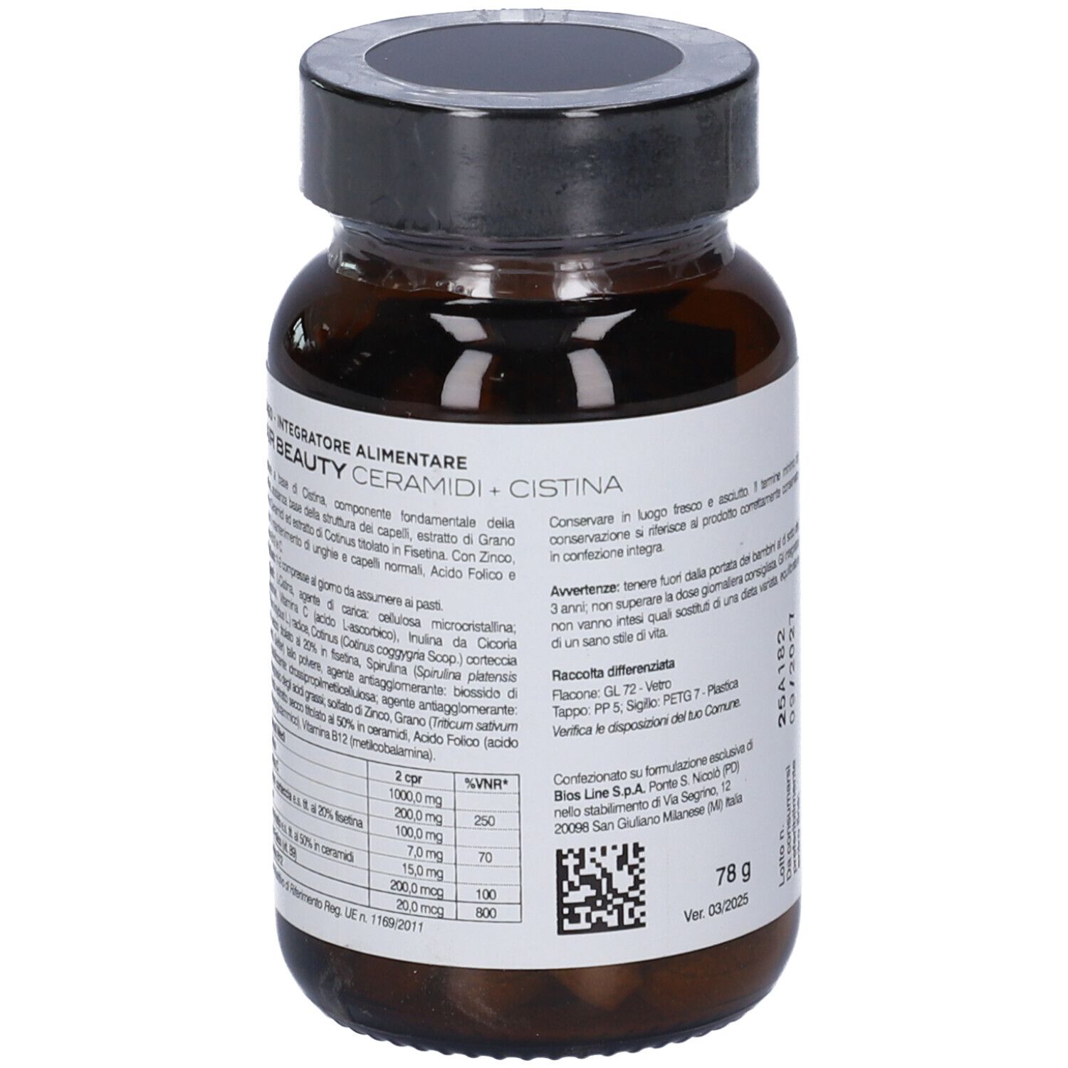 Retro del flacone di vetro marrone. Etichetta con informazioni sul prodotto, ingredienti e valori nutrizionali. 78 g.