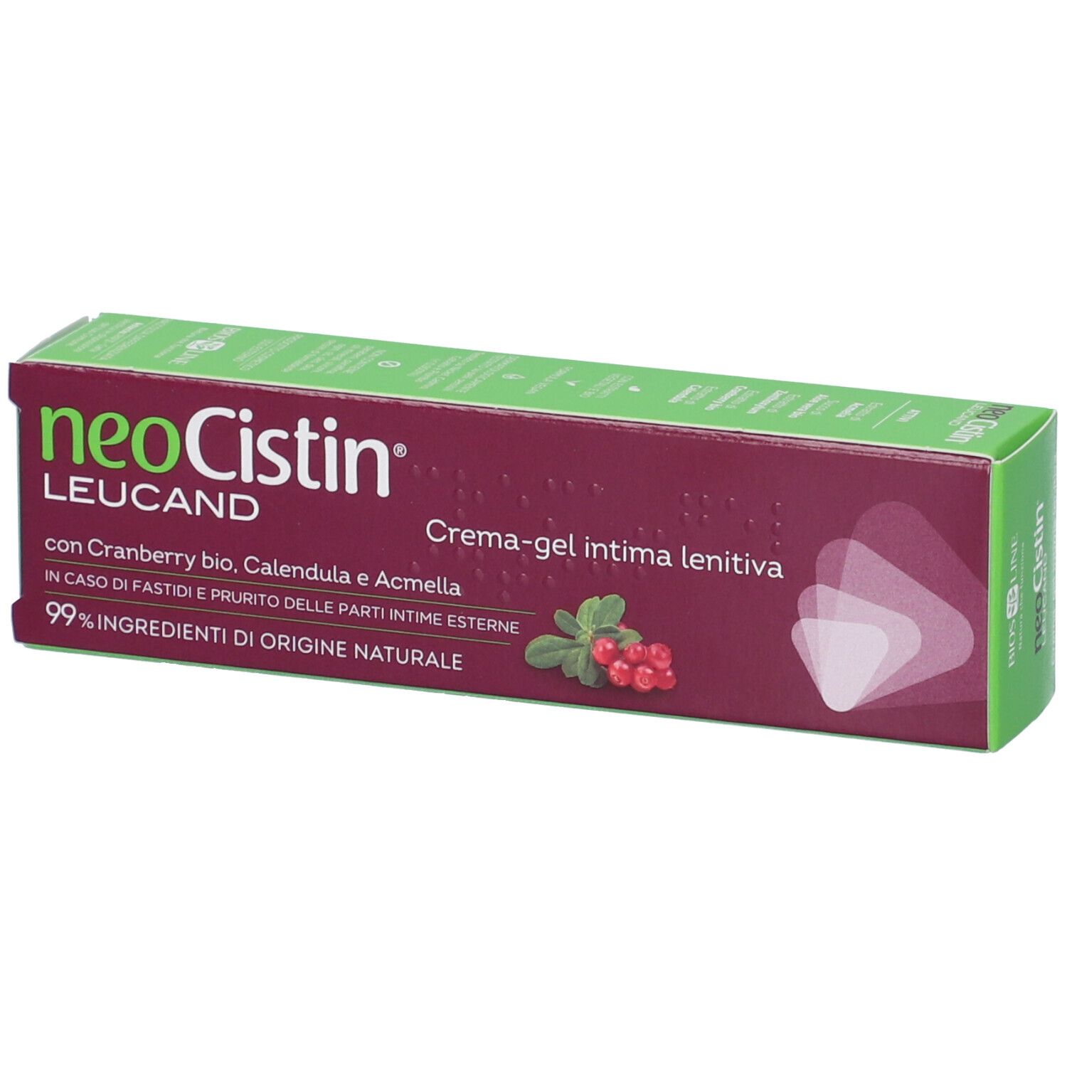 Produktverpackung mit Produktnamen und Inhaltsstoffen. Cranberry-Abbildung. Bordeauxrot und grün.