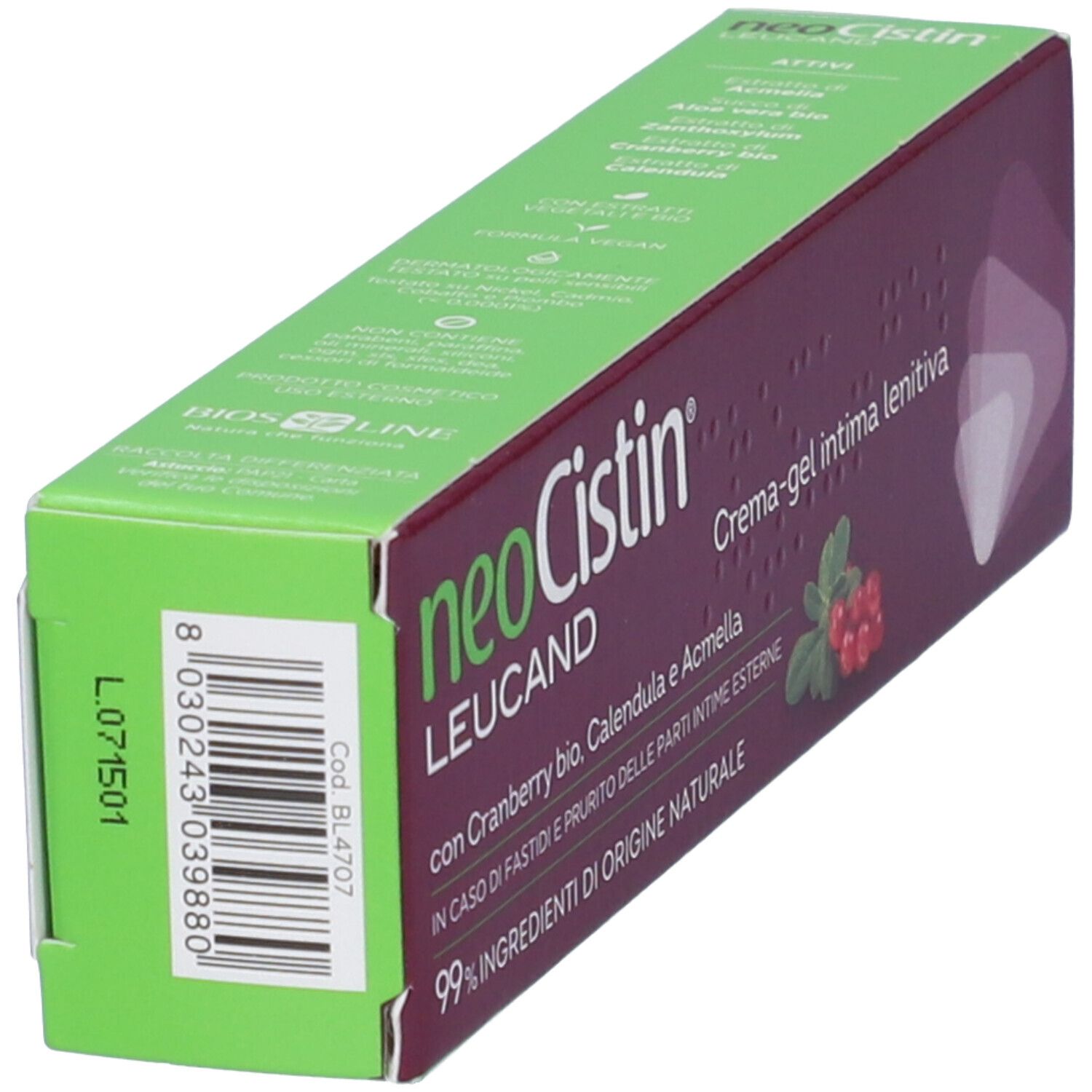 Produktverpackung mit Barcode und Produktinformationen. Bordeauxrot und grün.