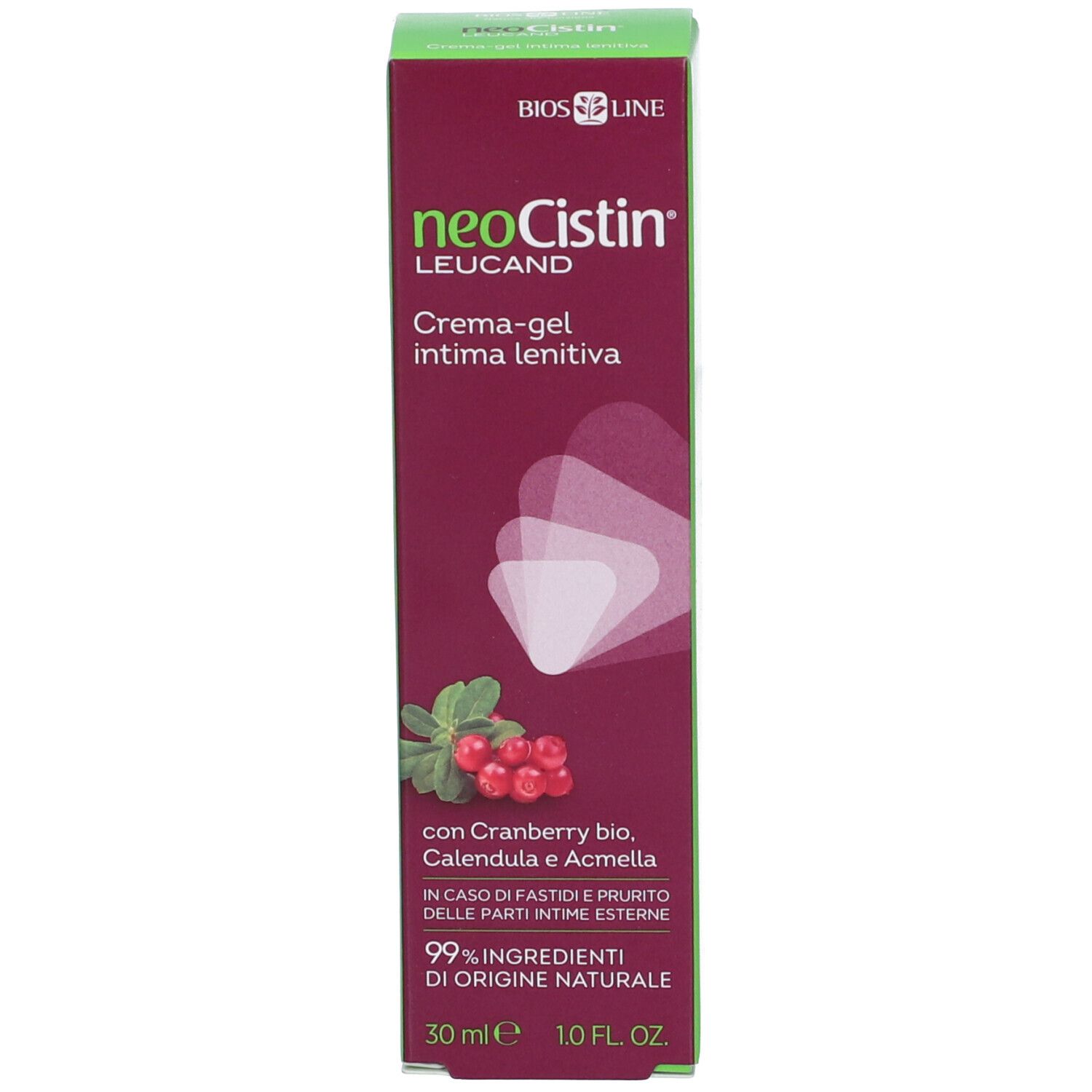 Produktverpackung mit Produktnamen und Inhaltsstoffen. Cranberry-Abbildung. 30 ml, 1.0 FL. OZ.