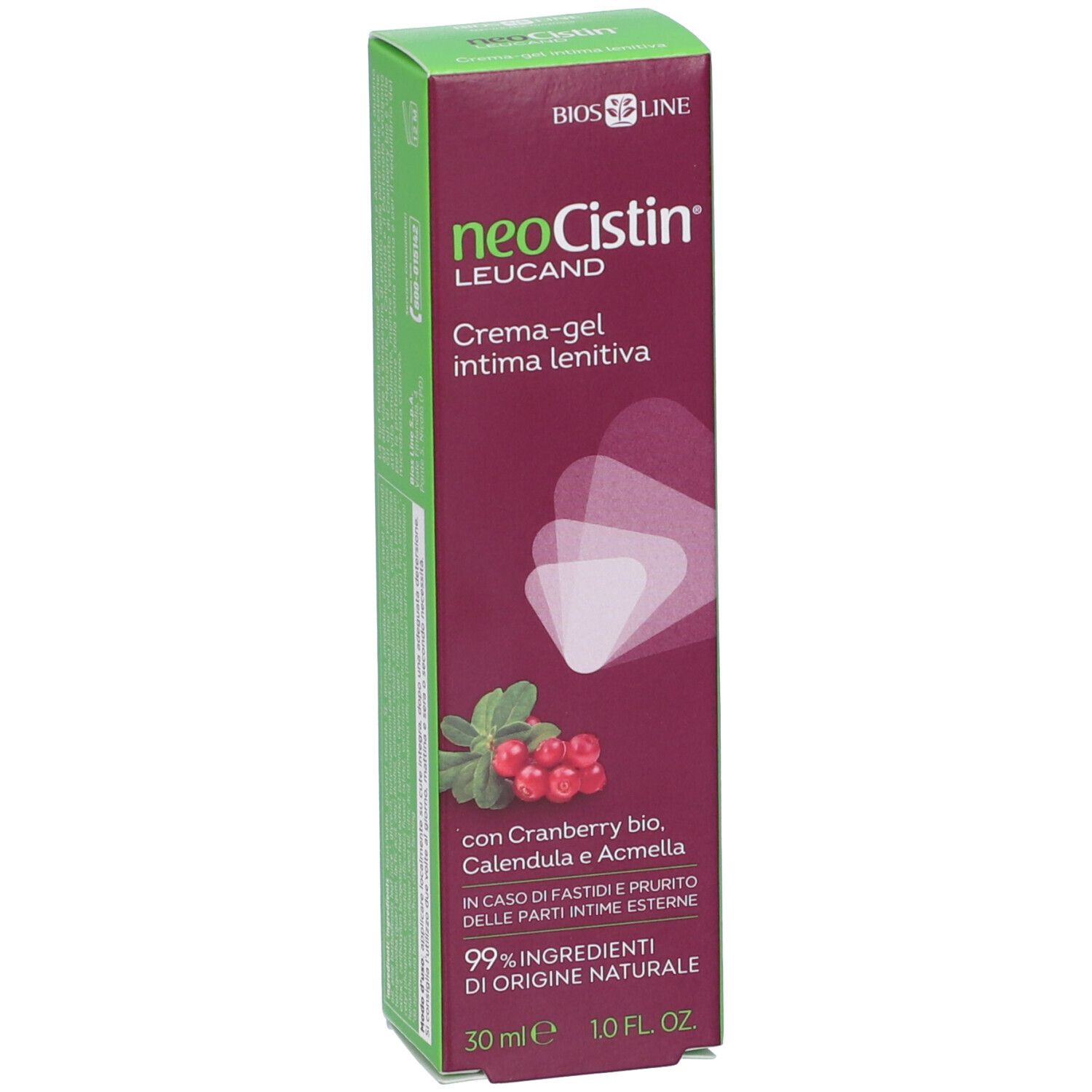 Produktverpackung mit Produktnamen und Inhaltsstoffen. Cranberry-Abbildung. 30 ml, 1.0 FL. OZ.