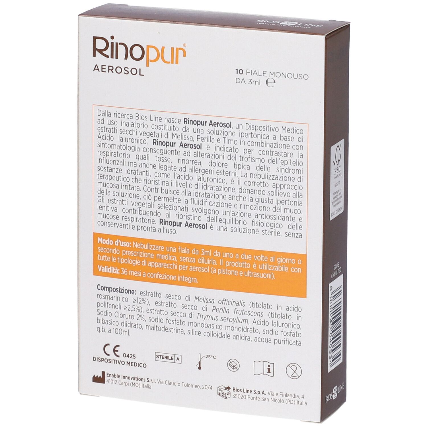 Karton Rinopur Aerosol, Rückseite mit Text, Inhaltsstoffen und Gebrauchsanweisung. Medizinprodukt.