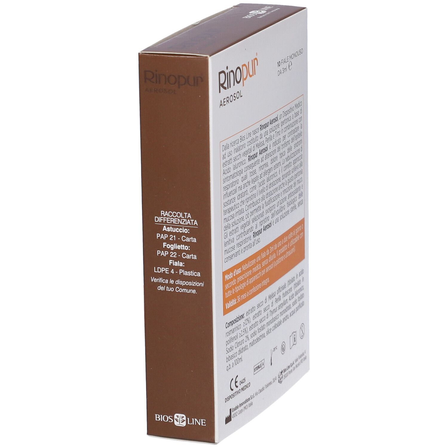 Karton Rinopur Aerosol, braune Seite mit Text. Medizinprodukt.