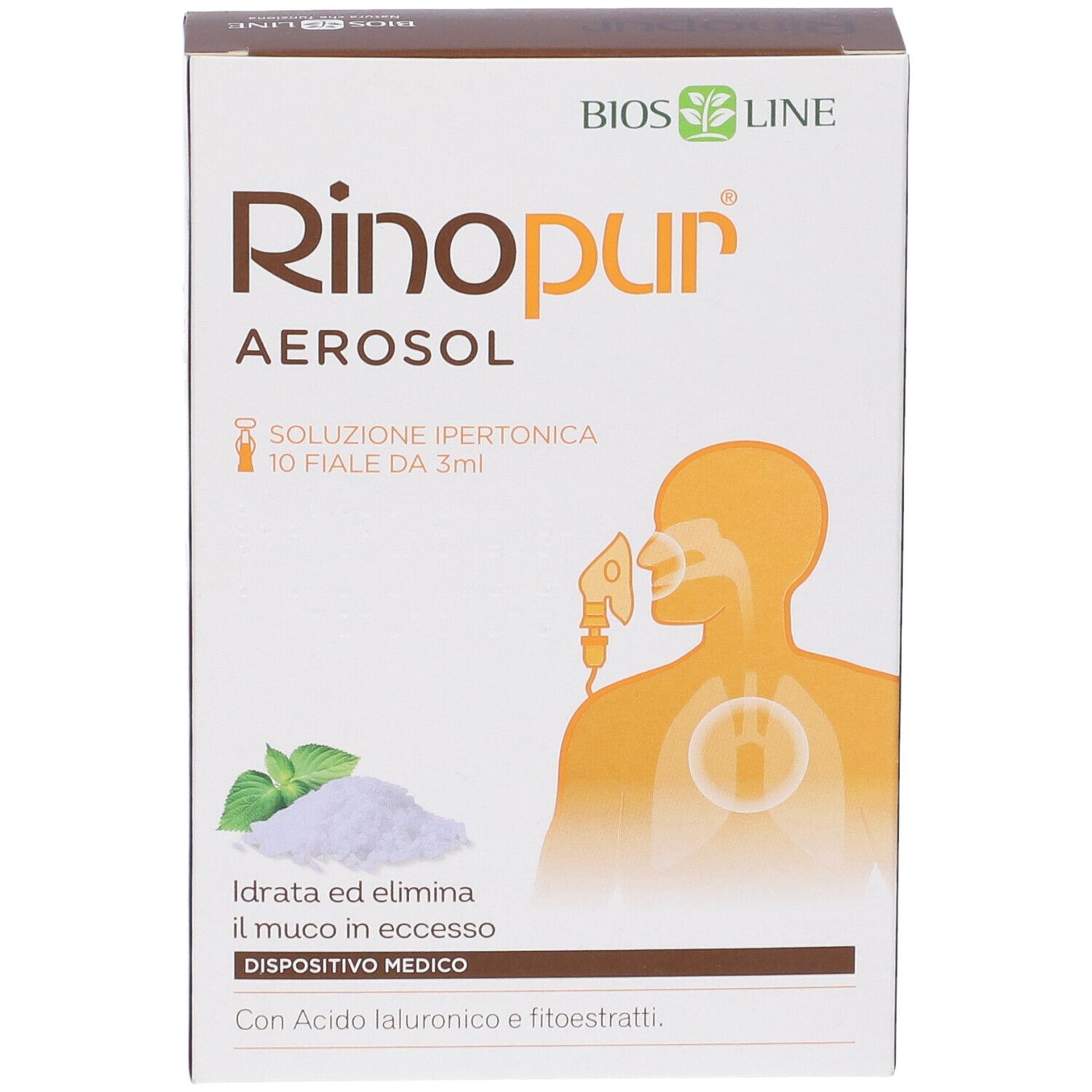 Karton Rinopur Aerosol, weiße Vorderseite, Produktabbildung, Text und Logo. Medizinprodukt.