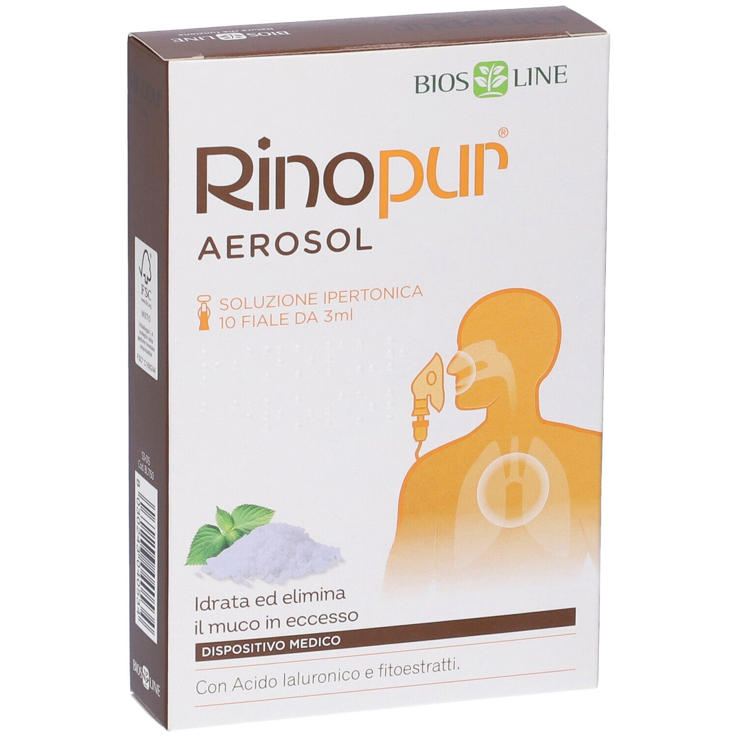 Karton Rinopur Aerosol, weiße Vorderseite, Produktabbildung, Text und Logo. Medizinprodukt.