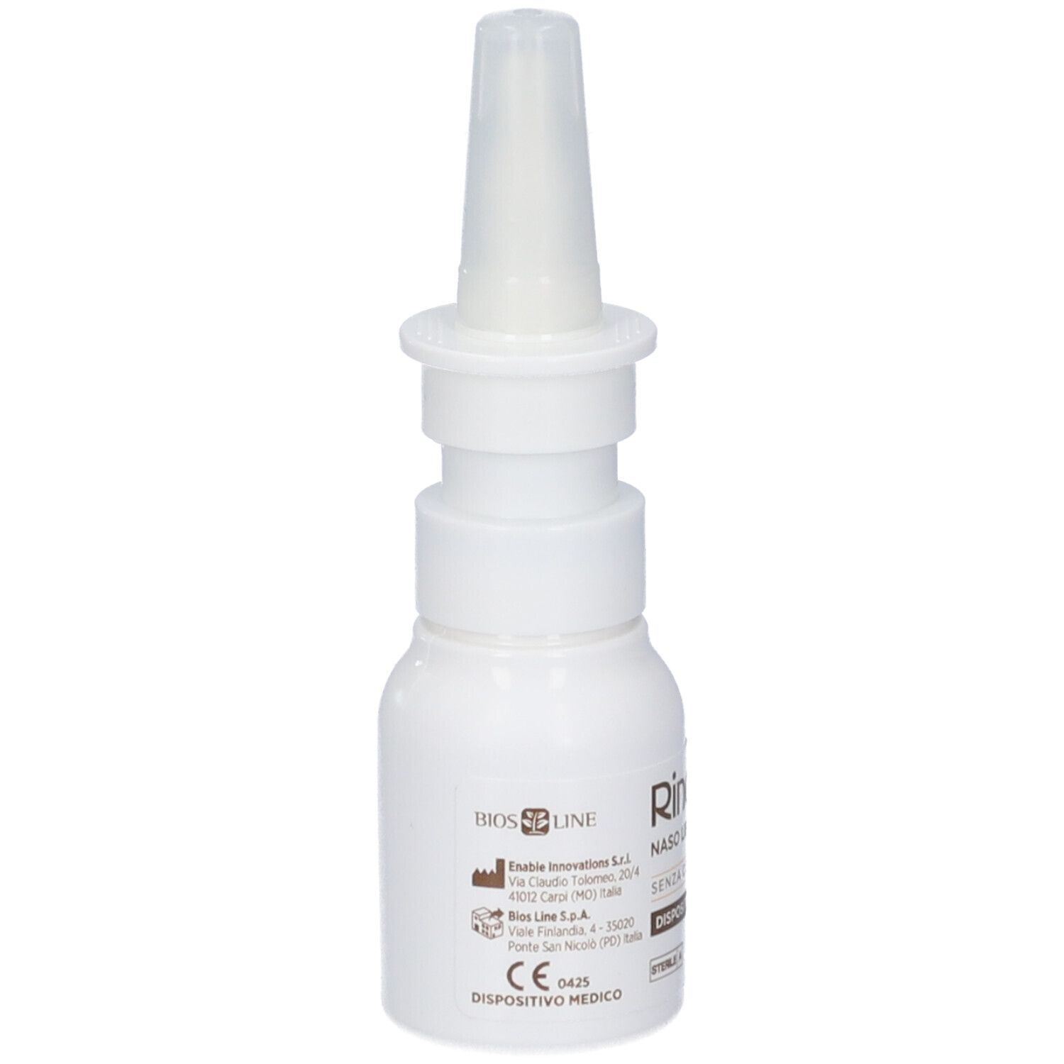 Weiße Flasche mit Sprühkopf. Beschriftung: Rinopur Naso Libero, senza conservanti, Dispositivo Medico. Bios Line Logo.