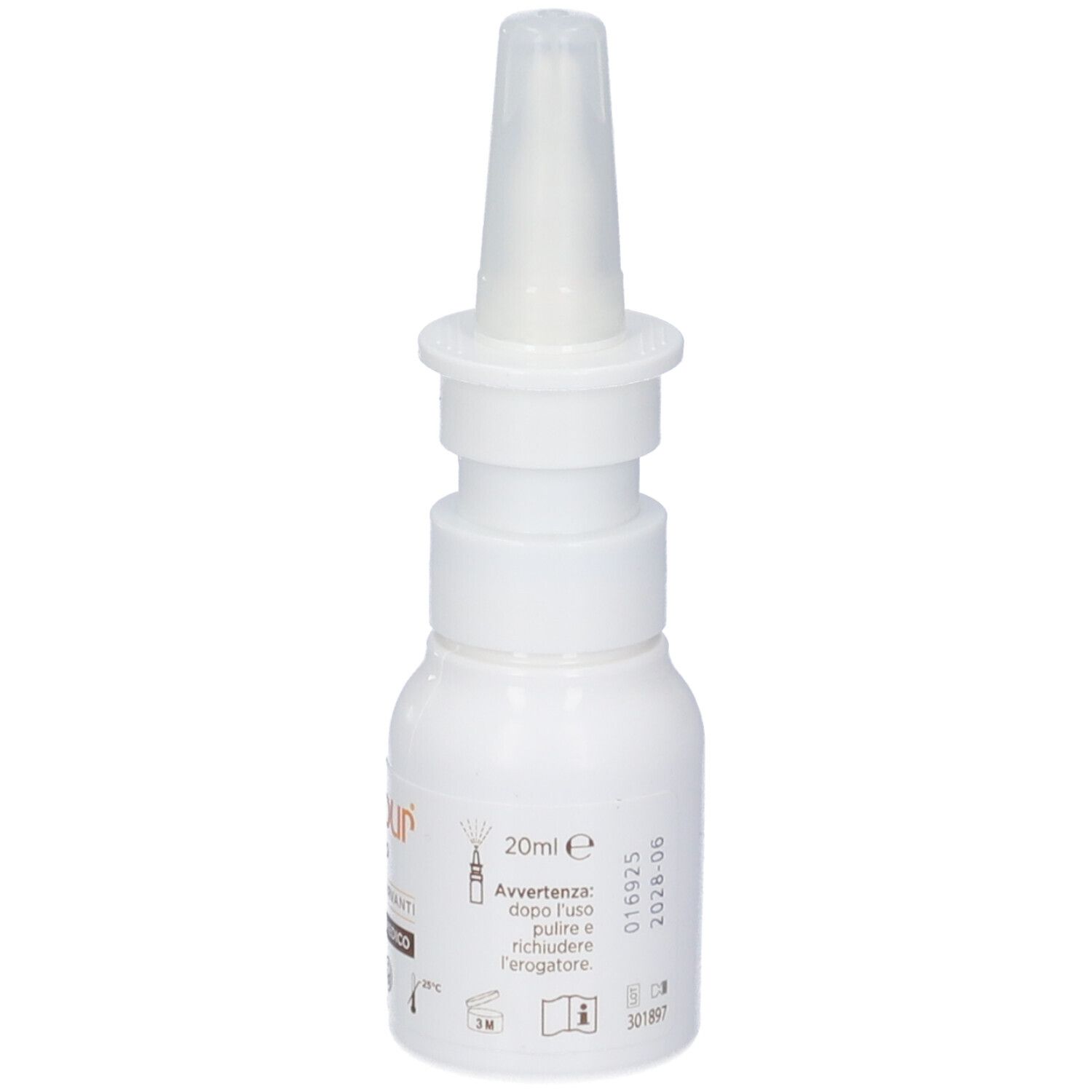 Weiße Flasche mit Sprühkopf. Beschriftung: Rinopur Naso Libero, 20ml e, senza conservanti, Dispositivo Medico.
