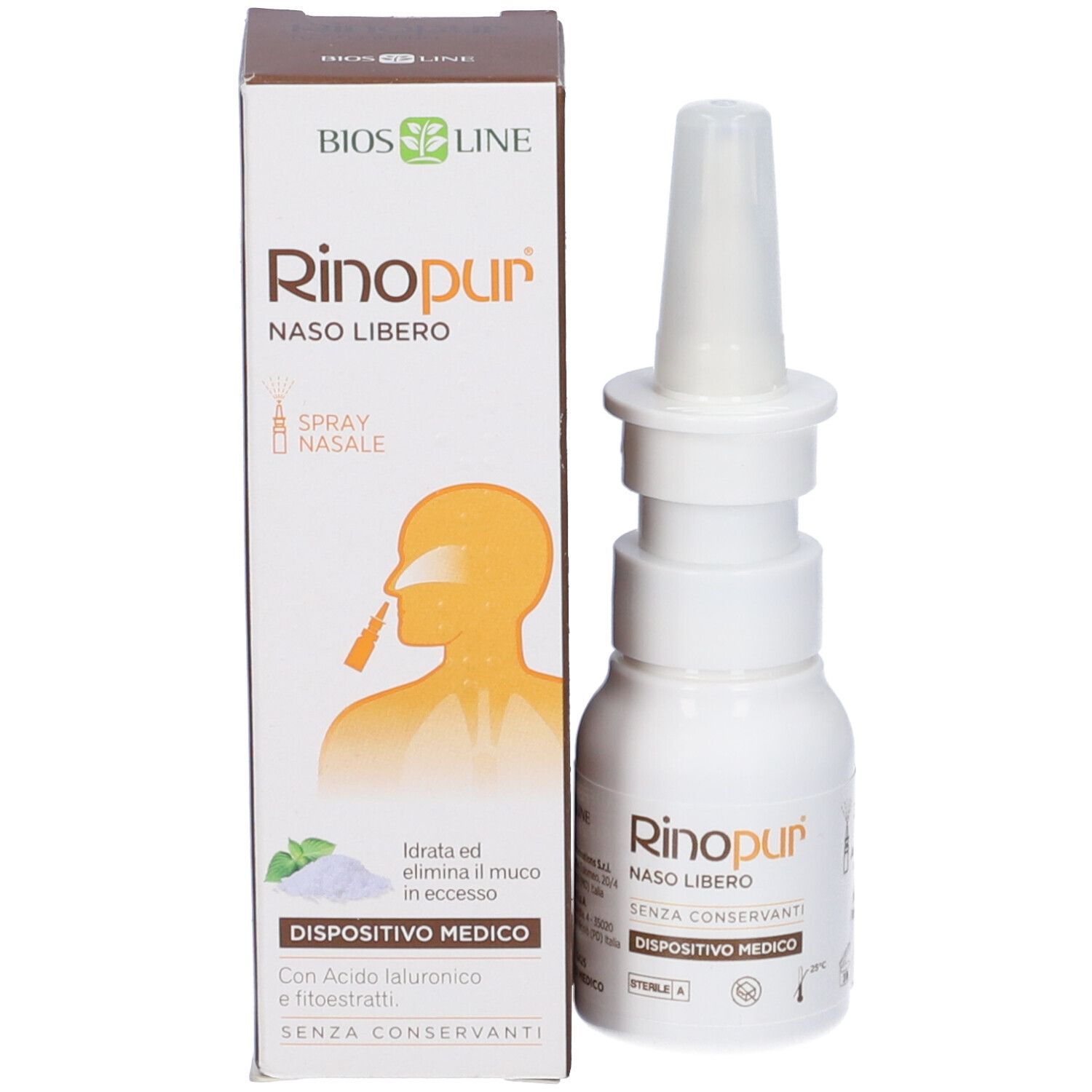 Produktverpackung und Flasche. Beschriftung: Rinopur Naso Libero, Spray Nasale, Dispositivo Medico. Bios Line Logo.