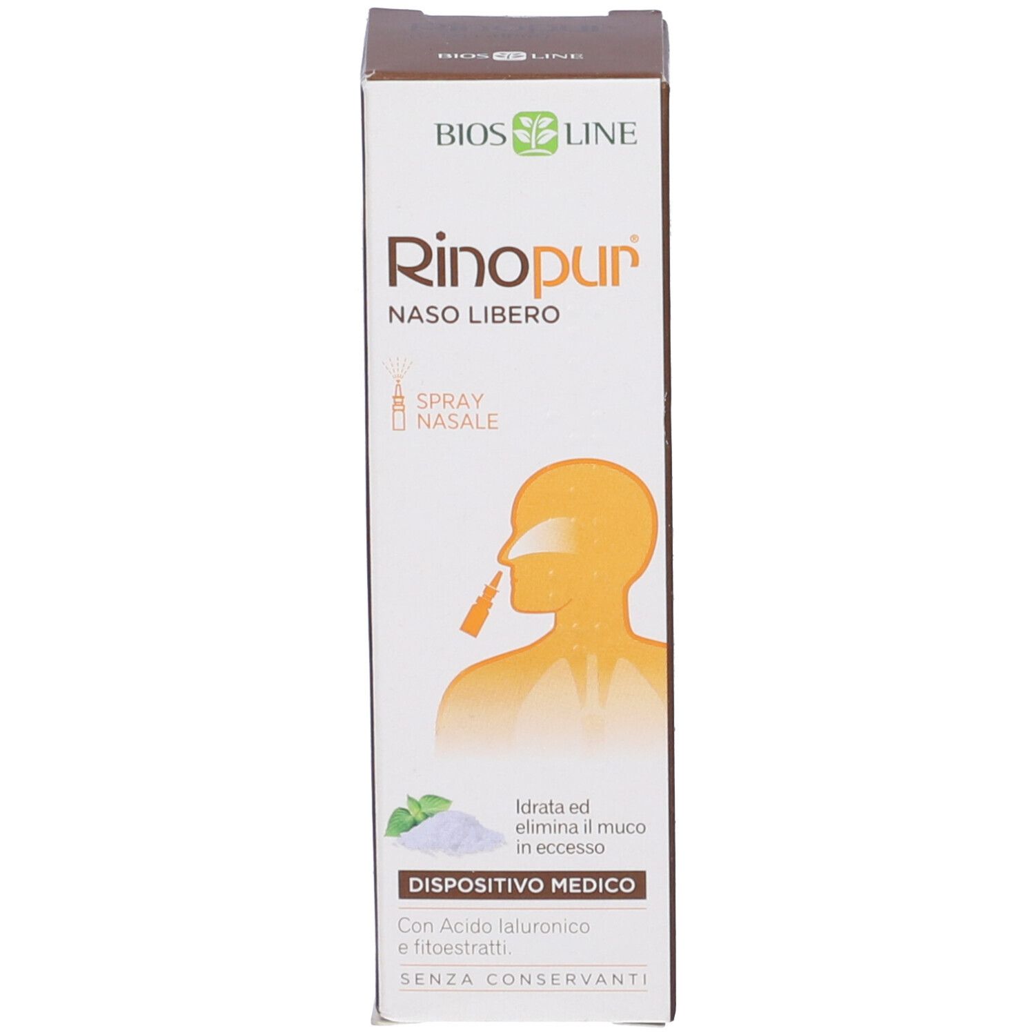 Produktverpackung. Beschriftung: Rinopur Naso Libero, Spray Nasale, Dispositivo Medico. Bios Line Logo.
