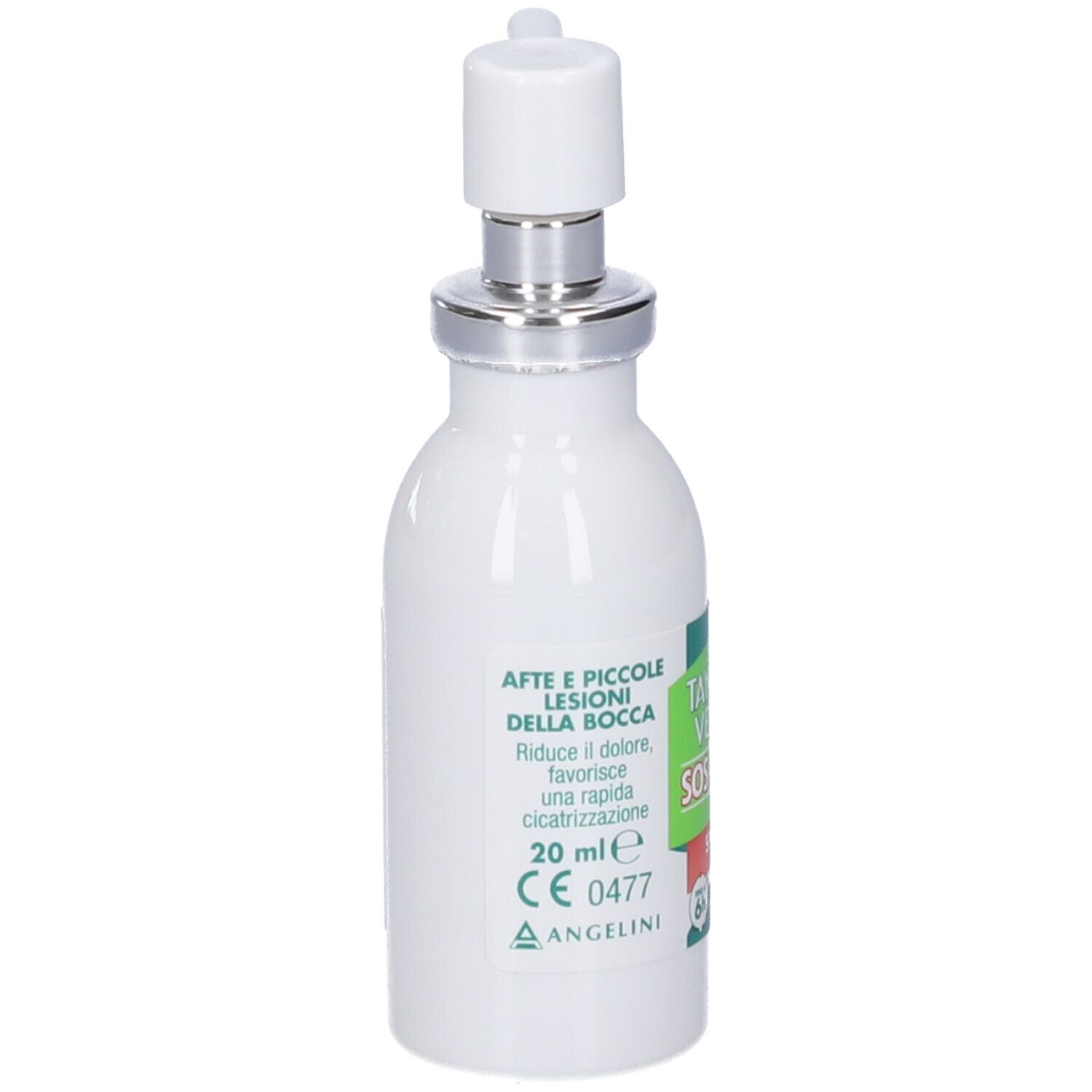Weiße Flasche mit Sprühkopf. Auf der Rückseite befinden sich Informationen und das CE-Zeichen.