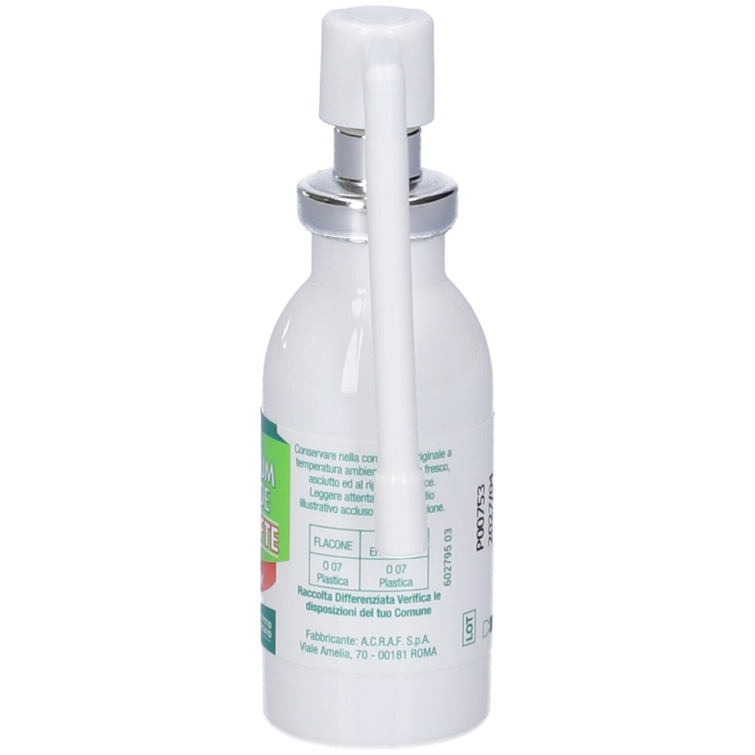 Weiße Flasche mit Sprühkopf. Auf dem Etikett steht "Afte e piccole lesioni della bocca" und "20 ml".