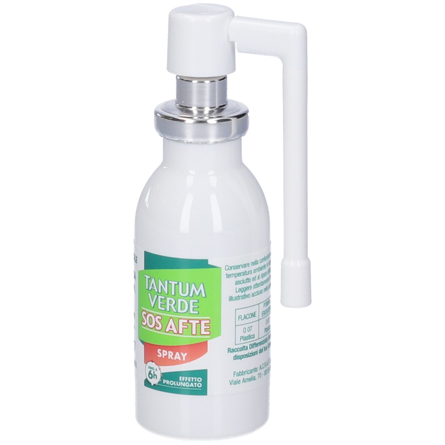 Weiße Flasche mit Sprühkopf und grünem Etikett. Auf dem Etikett steht "Tantum Verde SOS Afte Spray".