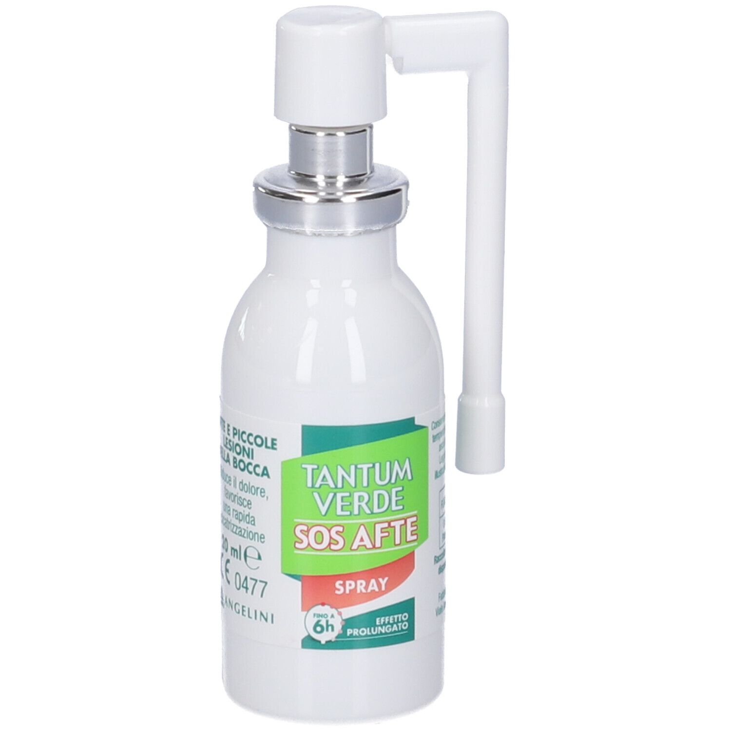 Weiße Flasche mit Sprühkopf und grünem Etikett. Auf dem Etikett steht "Tantum Verde SOS Afte Spray".