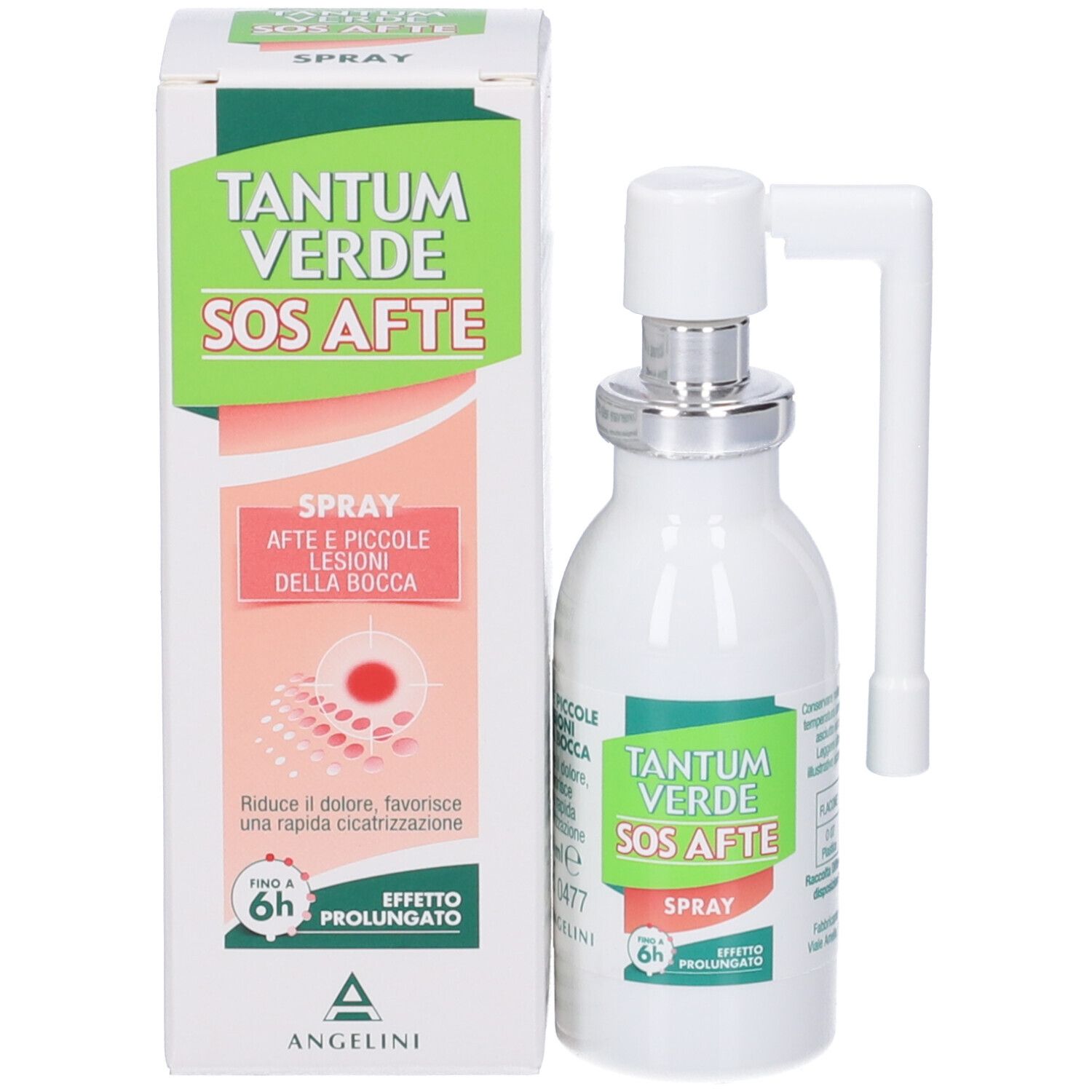 Produktverpackung mit Flasche und Sprühkopf. Auf der Verpackung steht "Tantum Verde SOS Afte Spray".