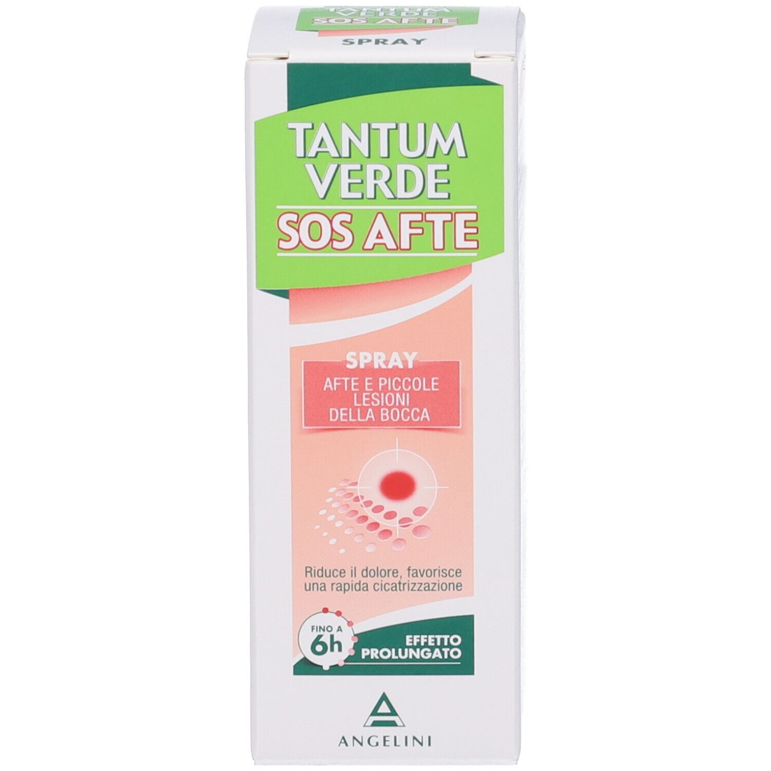 Produktverpackung. Auf der Verpackung steht "Tantum Verde SOS Afte Spray".