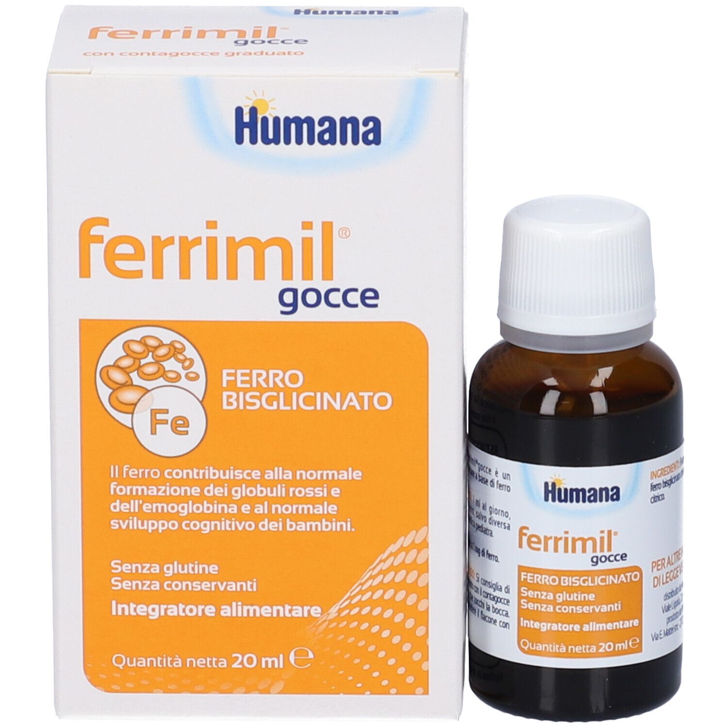 Produktverpackung und Flasche. Karton mit Aufschrift: Humana, ferrimil gocce, Ferro bisglicinato. Flasche daneben.