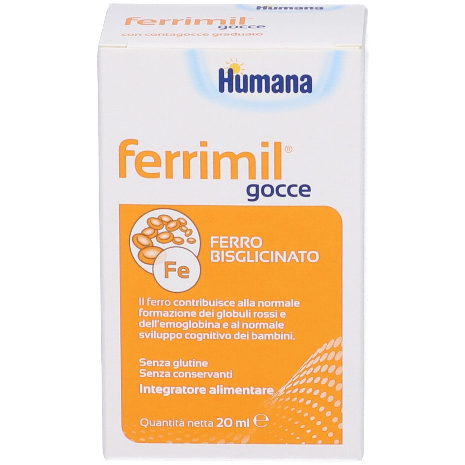 Produktverpackung. Karton mit Aufschrift: Humana, ferrimil gocce, Ferro bisglicinato. Abbildung von Eisen-Symbol.