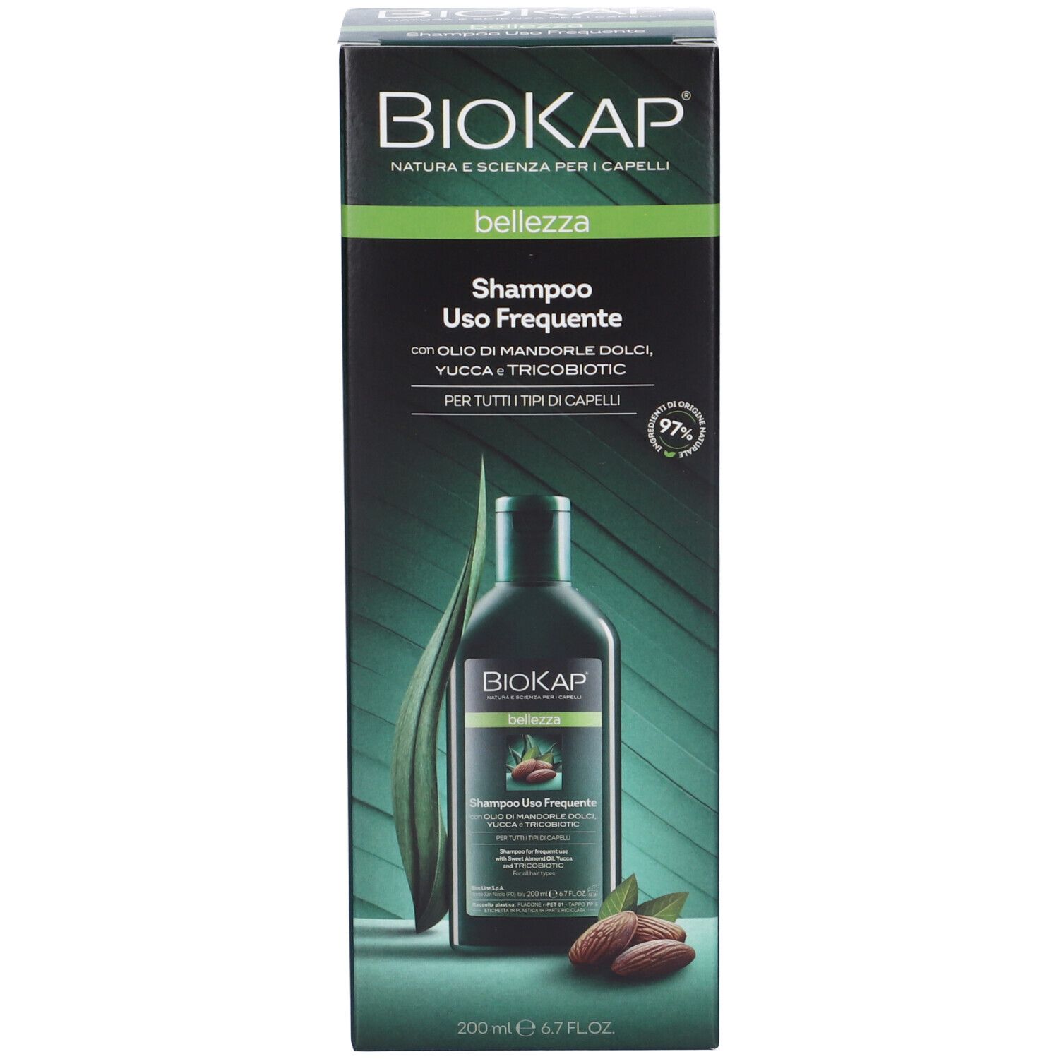 BIOKAP Shampoo-Verpackung mit Flasche, Mandeln und Blattdekor. 200 ml.
