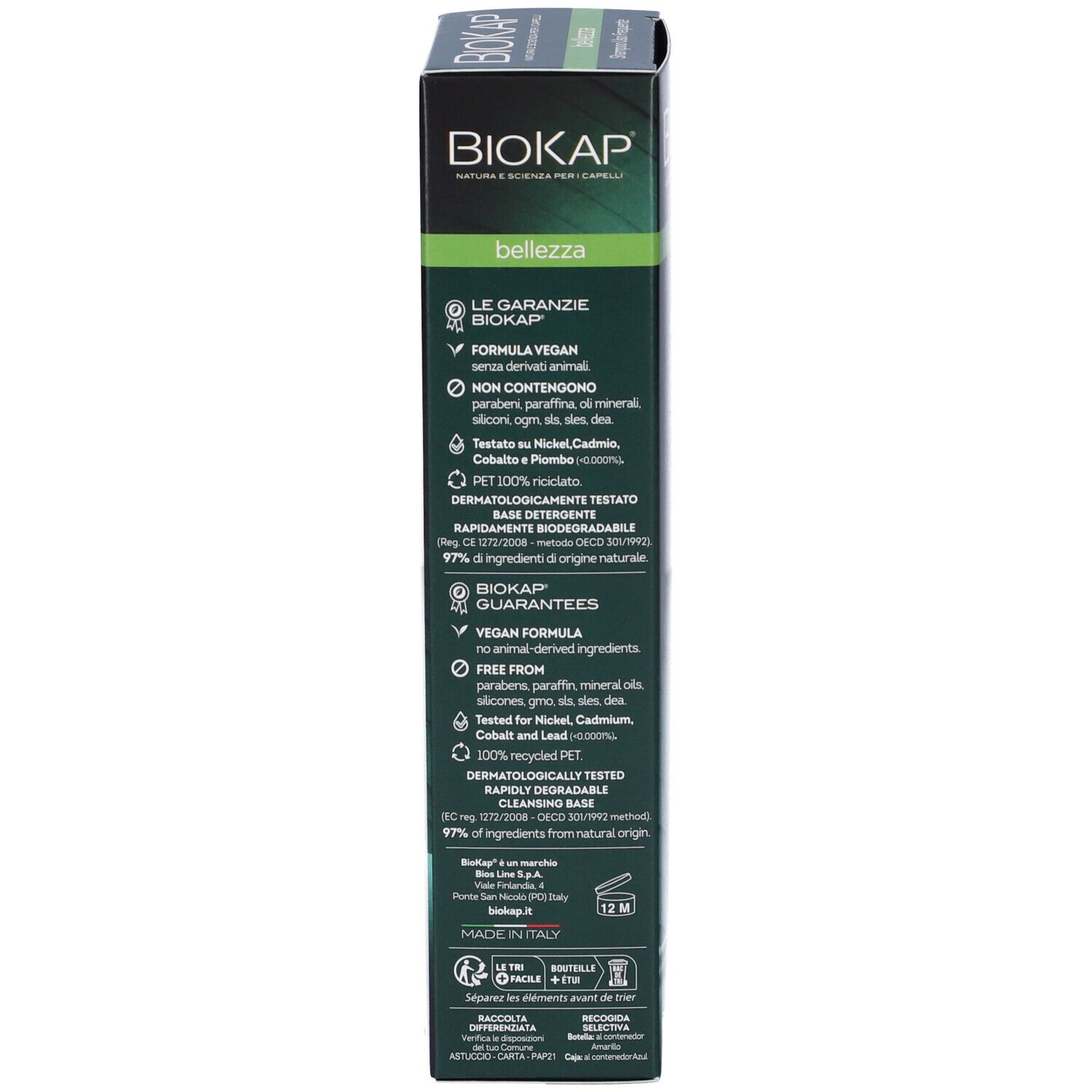 BioKap Produktkarton mit Informationen zu veganer Formel, dermatologisch getestet und Inhaltsstoffen.