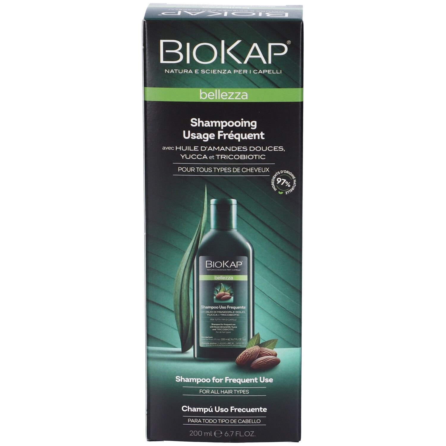 Biokap Shampoo für häufigen Gebrauch, 200 ml. Enthält Mandelöl, Yucca und Tricobiotic.