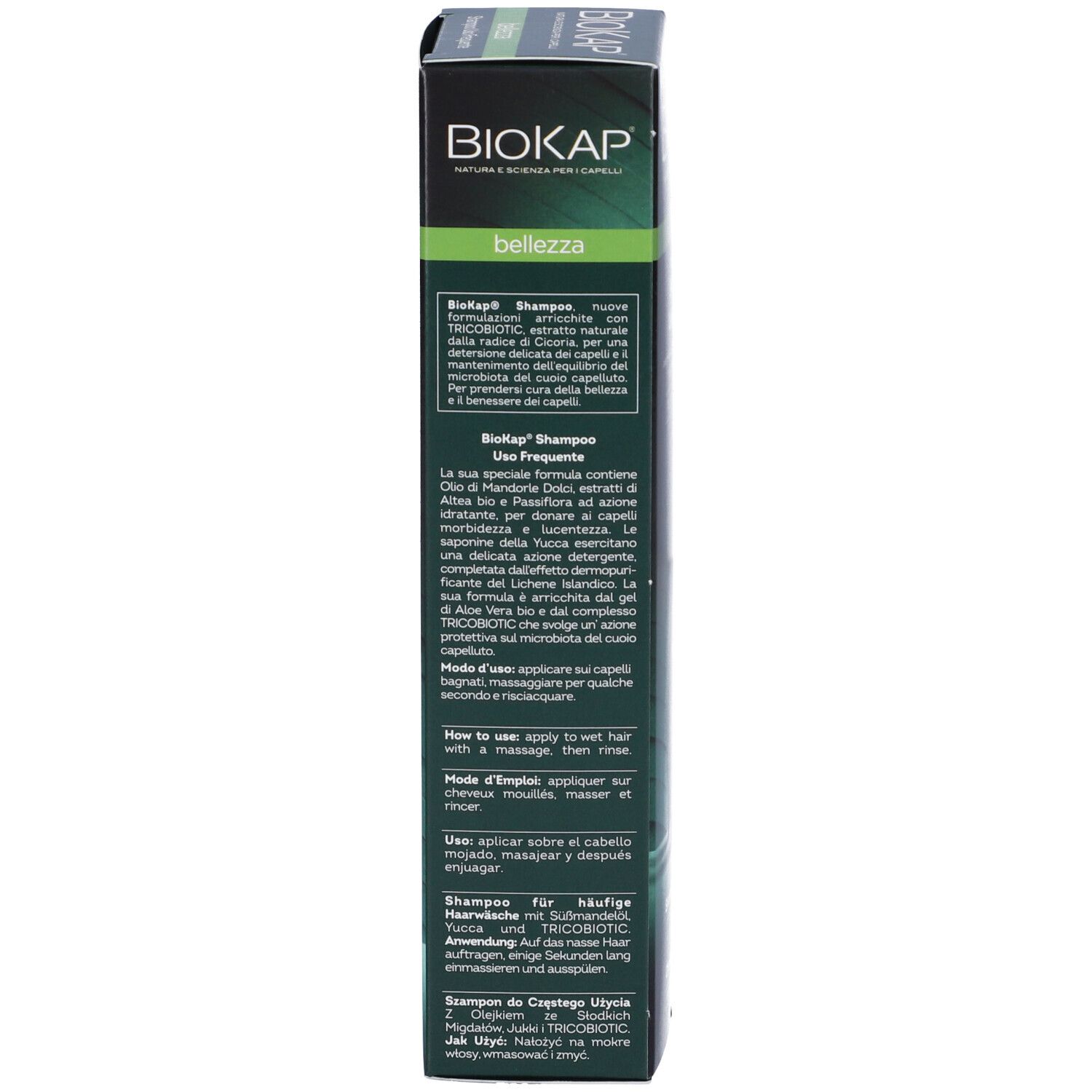 BioKap Shampoo-Verpackung mit Produktinformationen und Anwendungshinweisen.