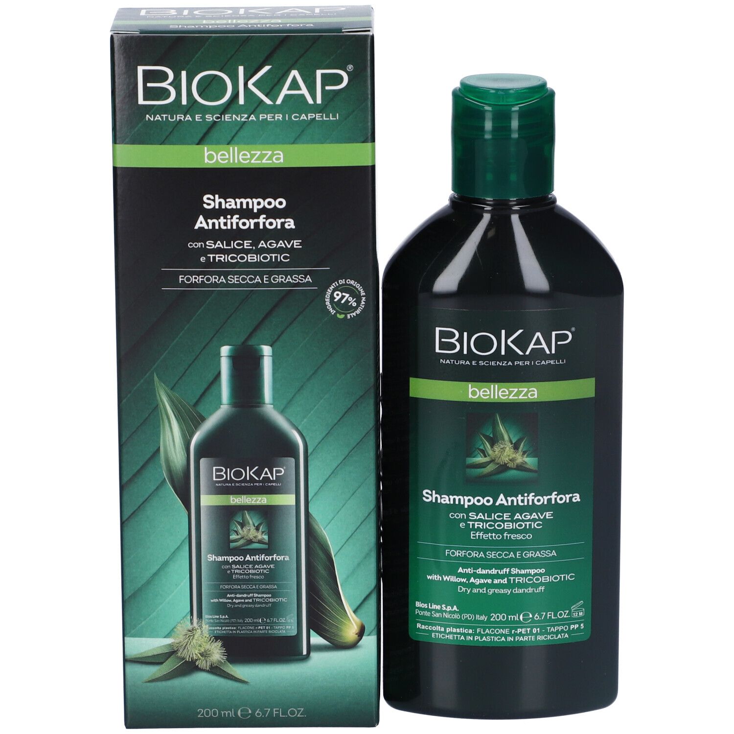 BIOKAP Anti-Schuppen-Shampoo mit Salbei, Agave und Trikobiotic für trockene und fettige Kopfhaut, 200 ml.