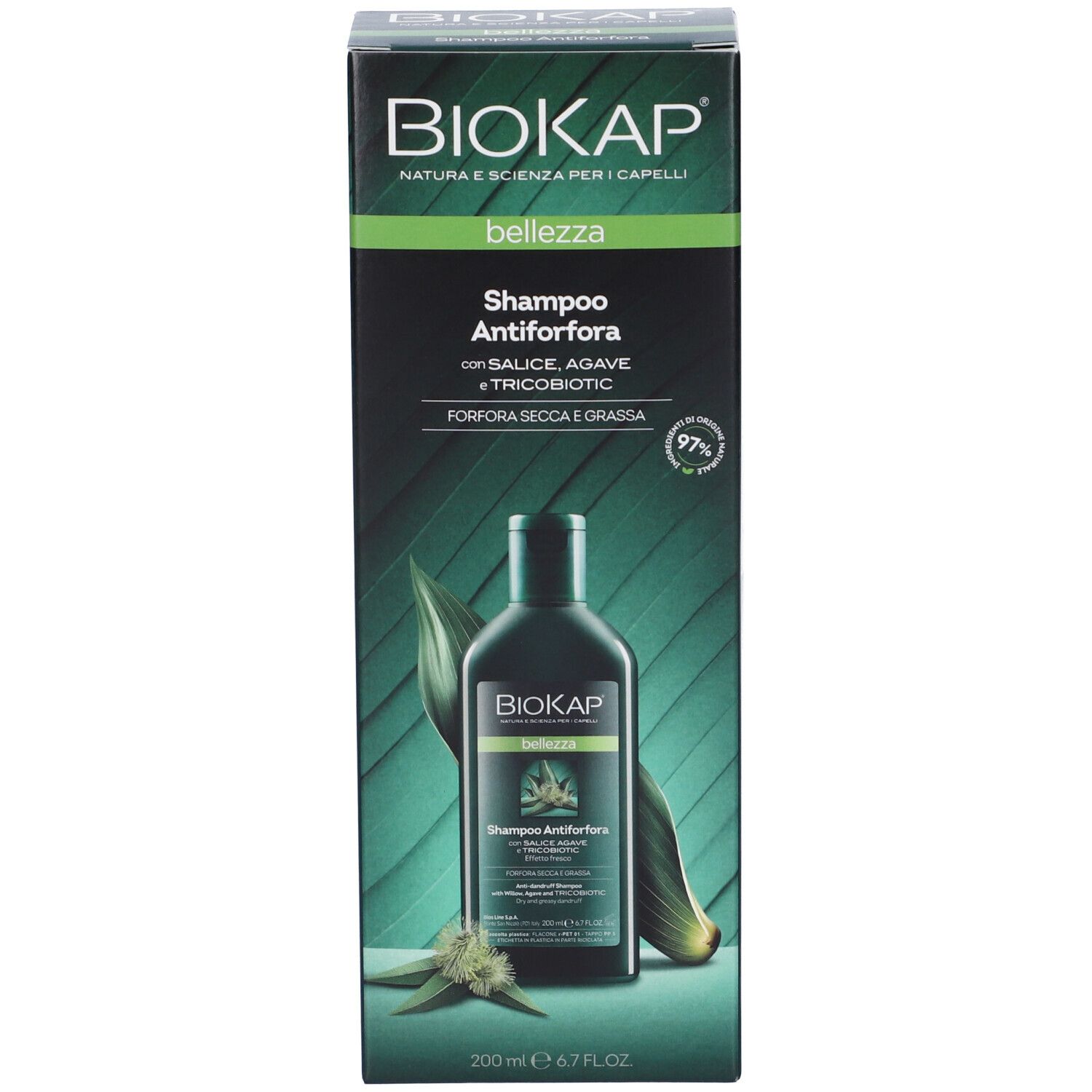 BIOKAP Shampoo Antiforfora gegen Schuppen, mit Salbei, Agave und Tricobiotic. 200 ml.