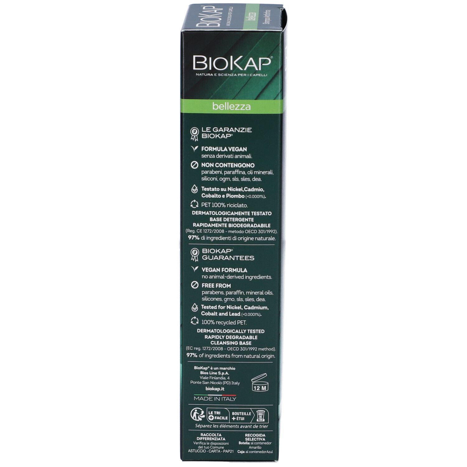 Biokap Produktverpackung mit Informationen zu Inhaltsstoffen und Garantien.