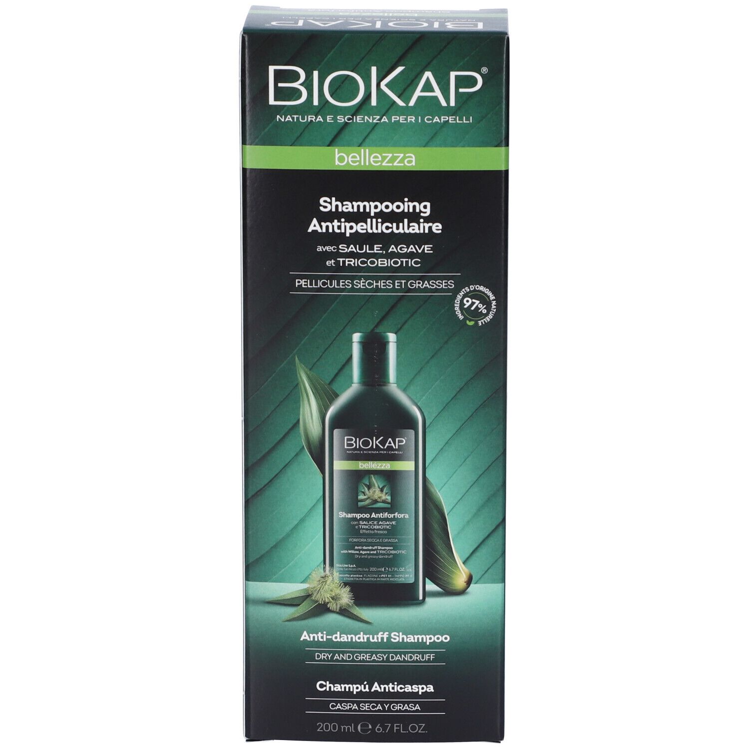 Biokap Anti-Schuppen Shampoo Karton mit Flasche, 200ml.