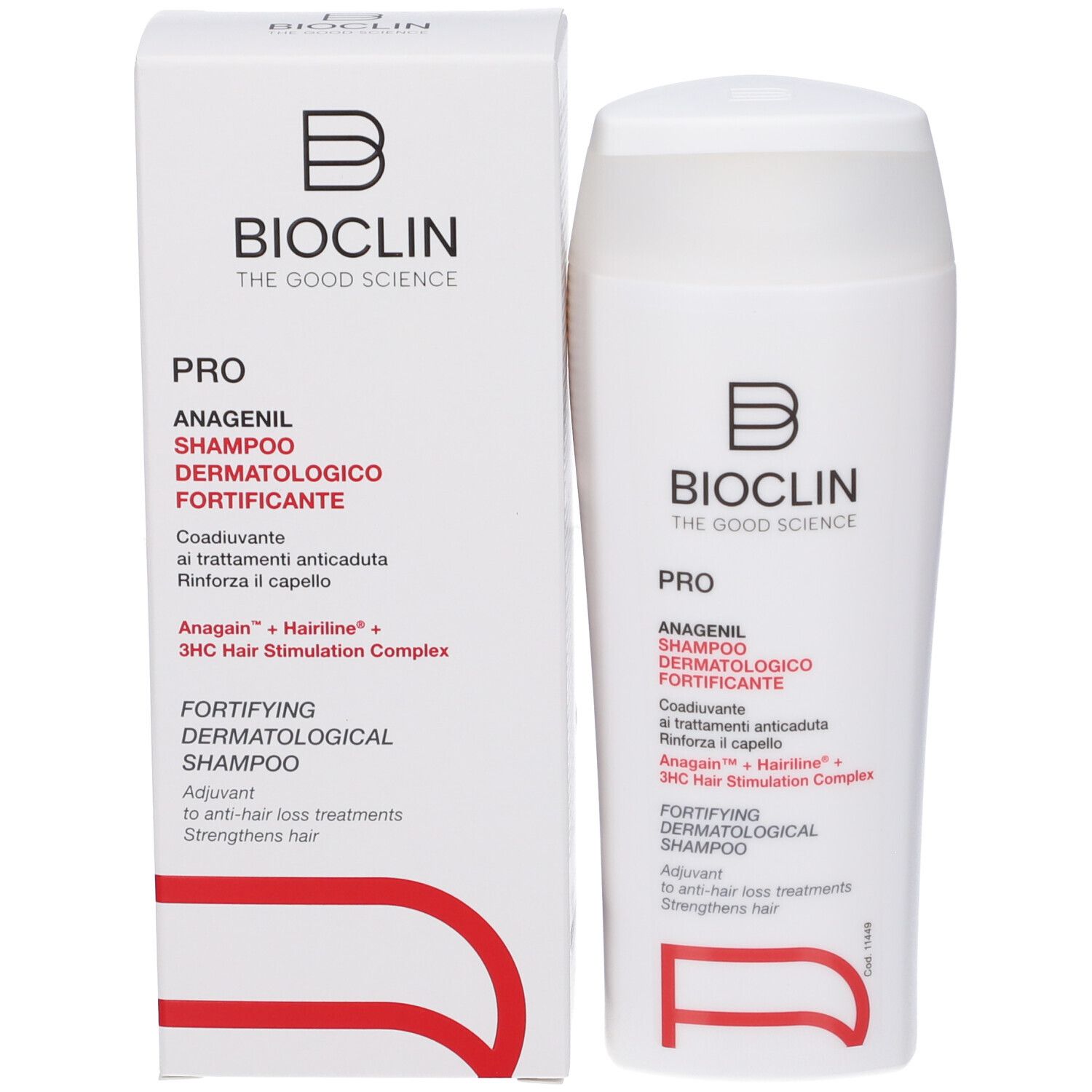 Bioclin Pro Anagenil Shampoo: Weißer Karton und Flasche mit rotem und schwarzem Text.