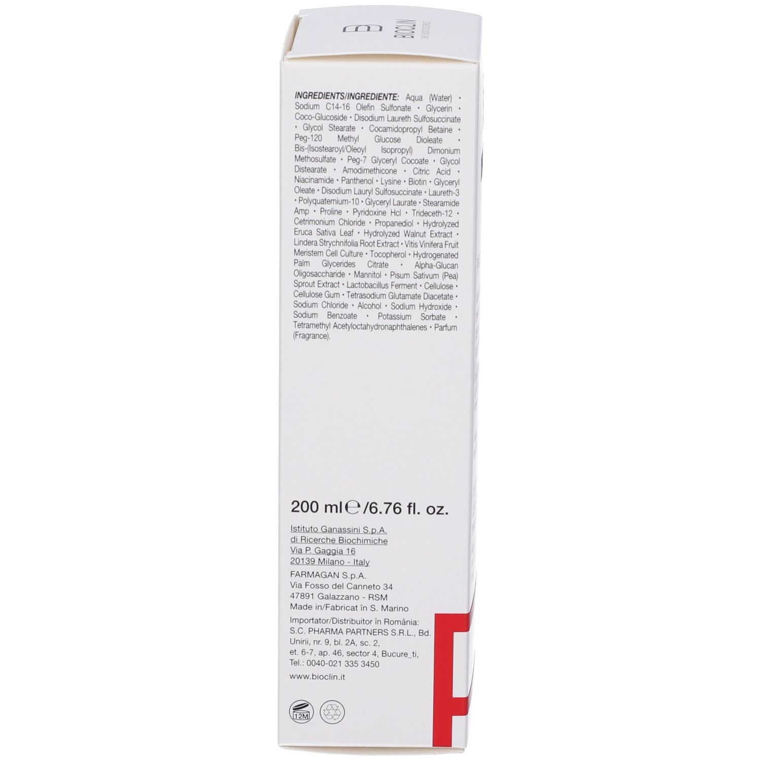 Weiße Verpackung mit Inhaltsstoffliste und 200 ml / 6.76 fl. oz. Angabe.