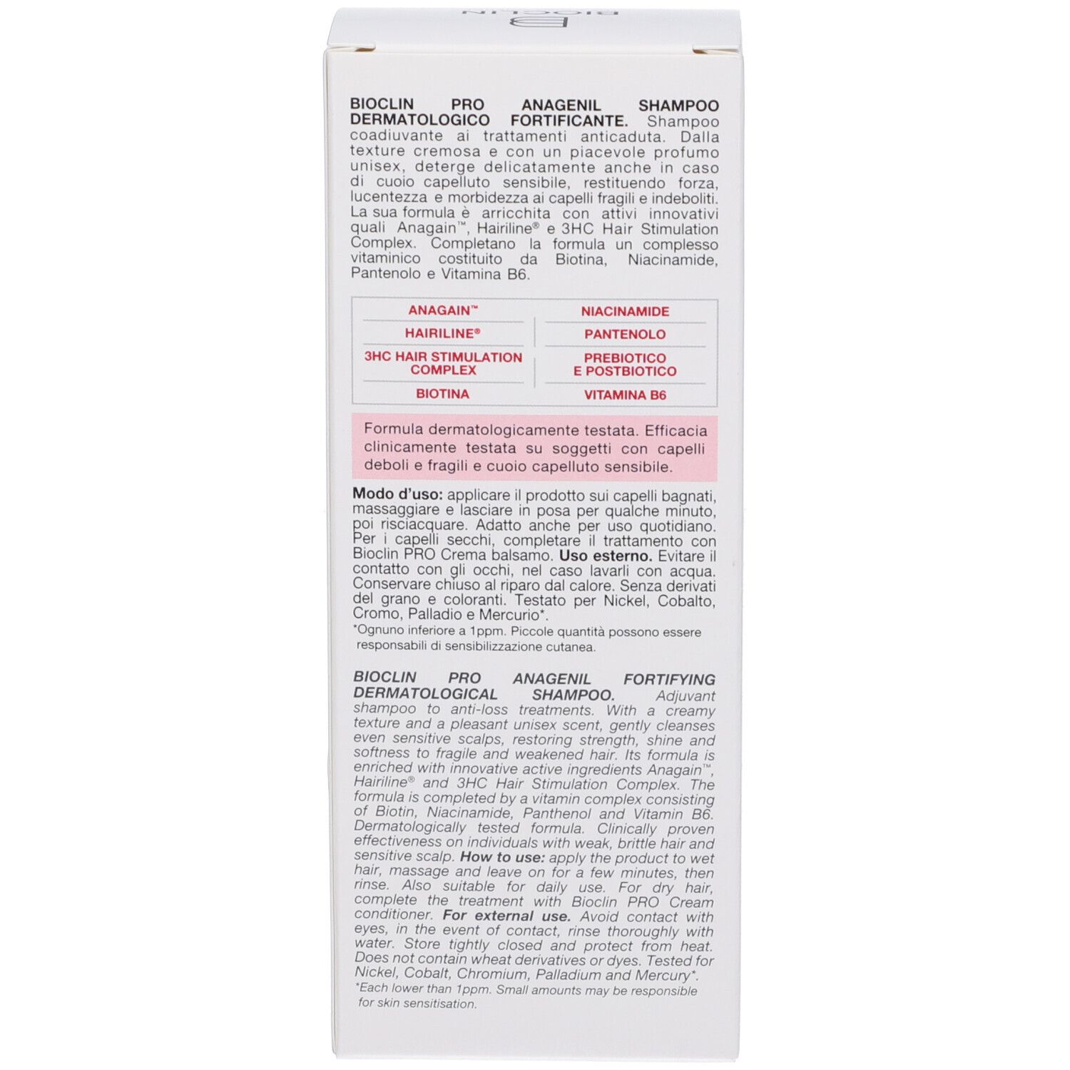 Bioclin Pro Anagenil Fortifying Shampoo Karton. Enthält Biotin, Niacinamid, Panthenol und Vitamin B6.