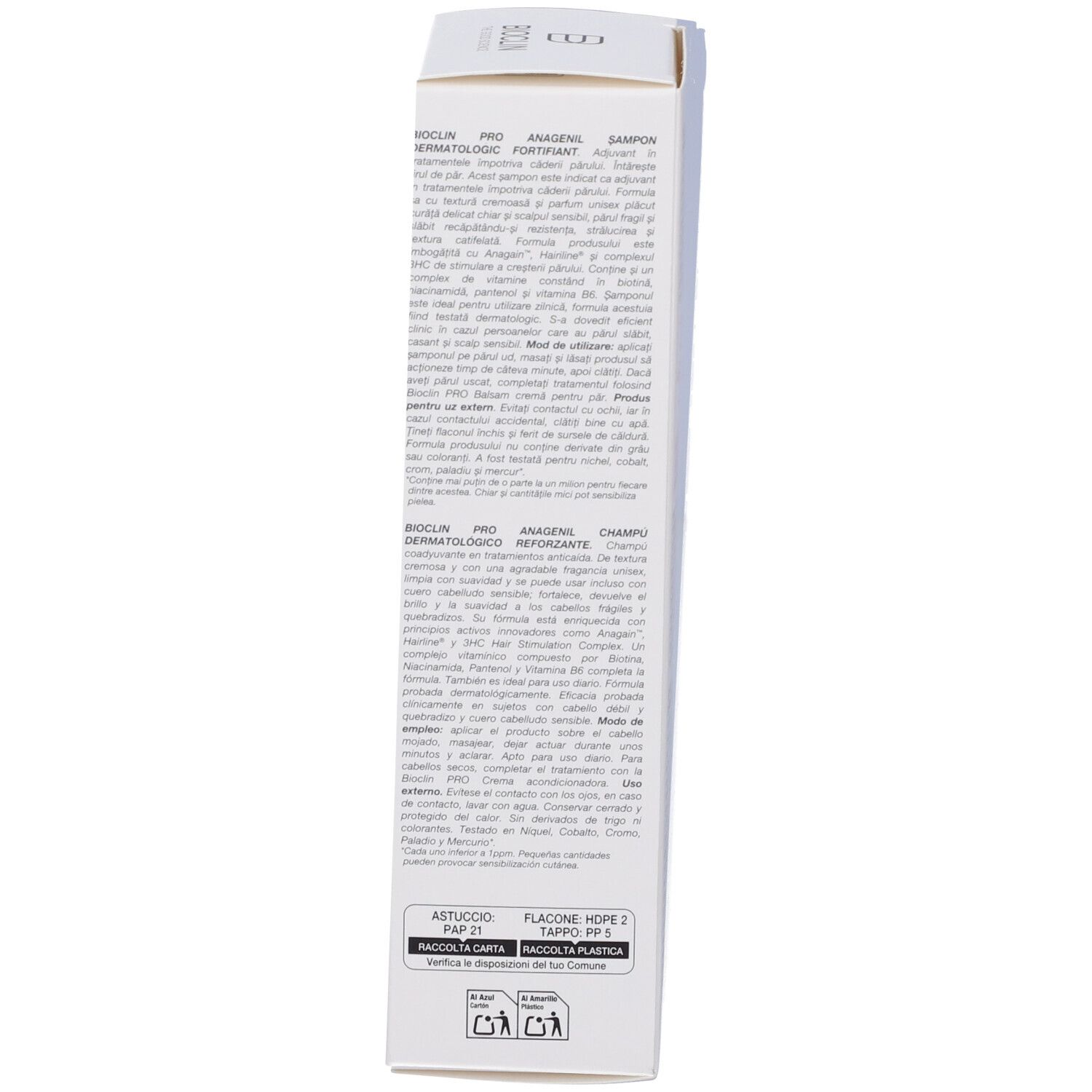 Verpackung eines Shampoos mit Text und Produktinformationen.
