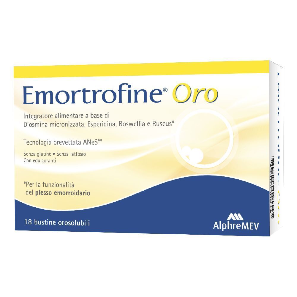 Confezione di Emortrofine® Oro Bustine. Scatola giallo-blu con nome del prodotto e ingredienti. 18 bustine.