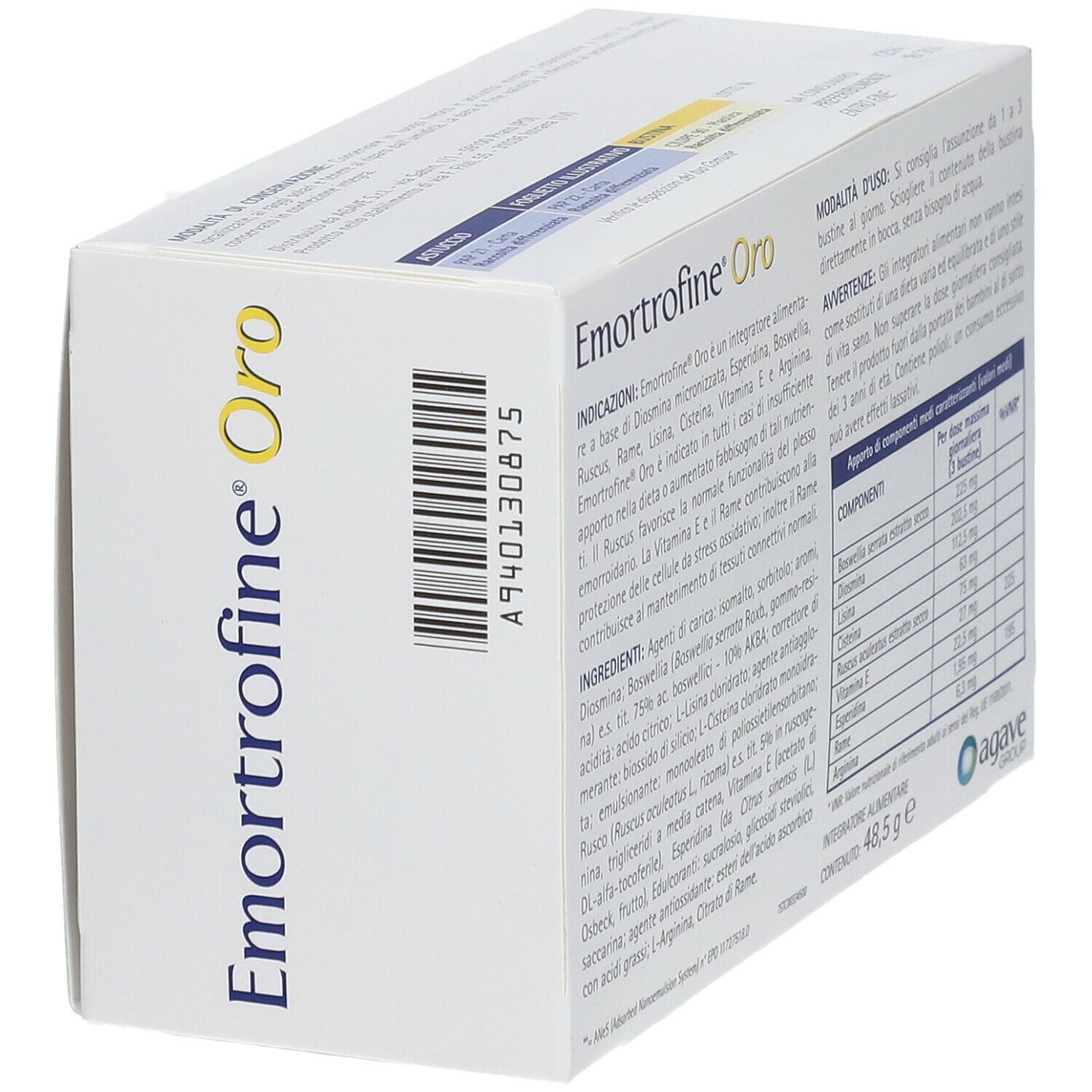 Confezione di Emortrofine® Oro Bustine. Retro con ingredienti e istruzioni per l'uso. 18 bustine. Primo piano.