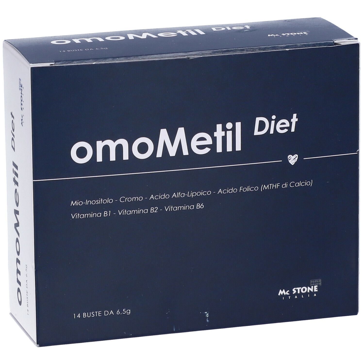 Scatola blu "omoMetil Diet". Contiene 14 bustine. Contiene: Mio-inositolo, Cromo, Acido Alfa-Lipoico, Acido Folico, Vitamine B1, B2, B6. Marchio: Mc Stone Italia.