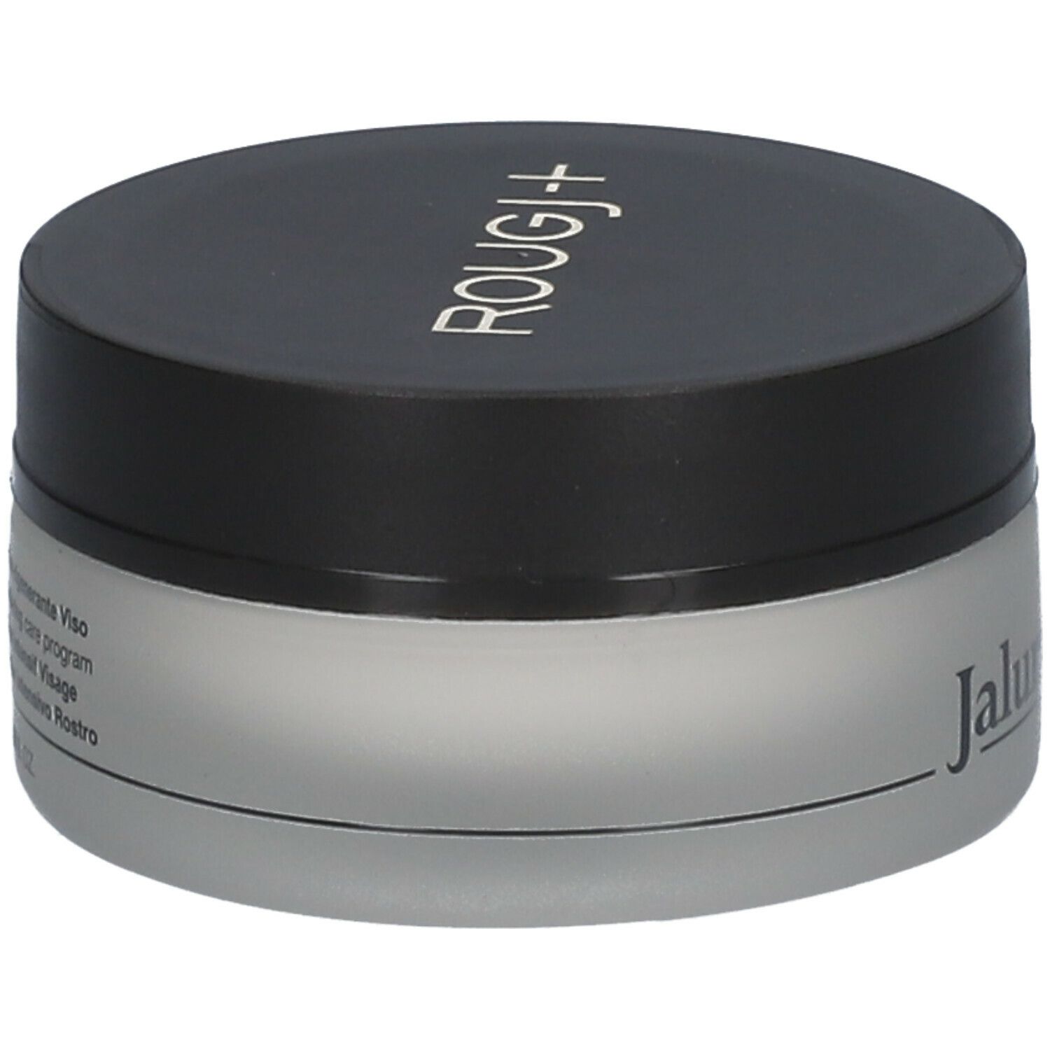 Pot de crème avec couvercle noir. Le couvercle porte l'inscription « ROUGJ- ». Le récipient porte « Jaluronic-Age ».