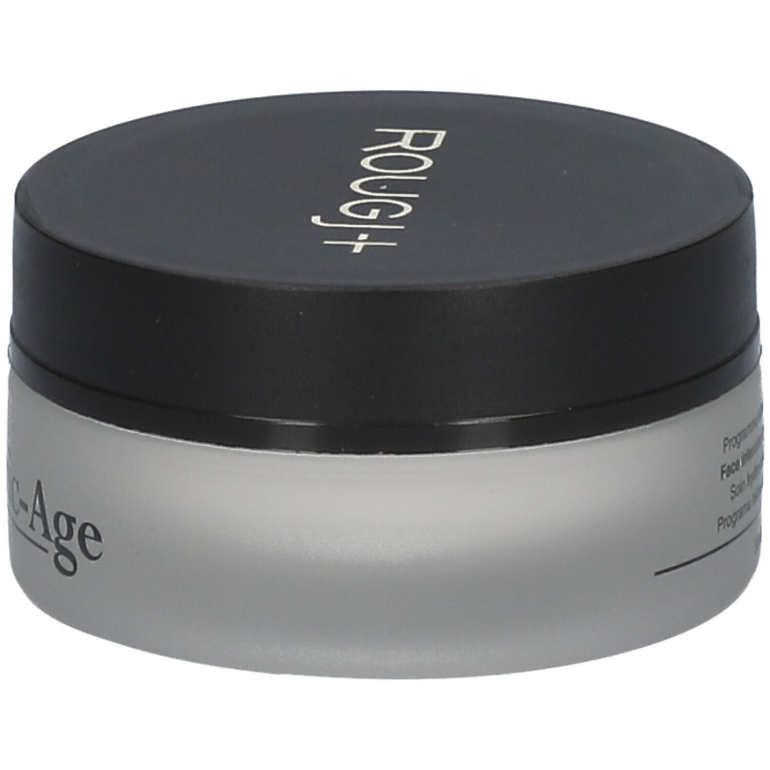 Pot de crème avec couvercle noir. Le couvercle porte l'inscription « ROUGJ- ». Le récipient porte « Jaluronic-Age ».
