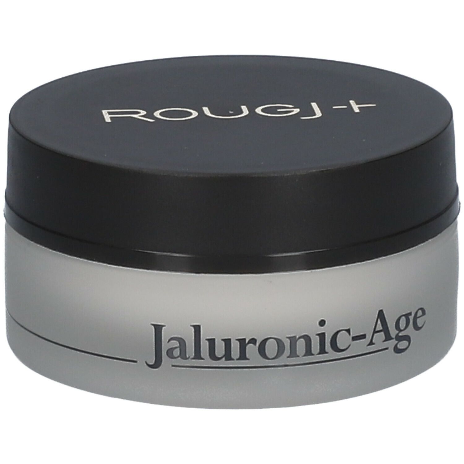 Pot de crème avec couvercle noir. Le couvercle porte l'inscription « ROUGJ- ». Le récipient porte « Jaluronic-Age ».