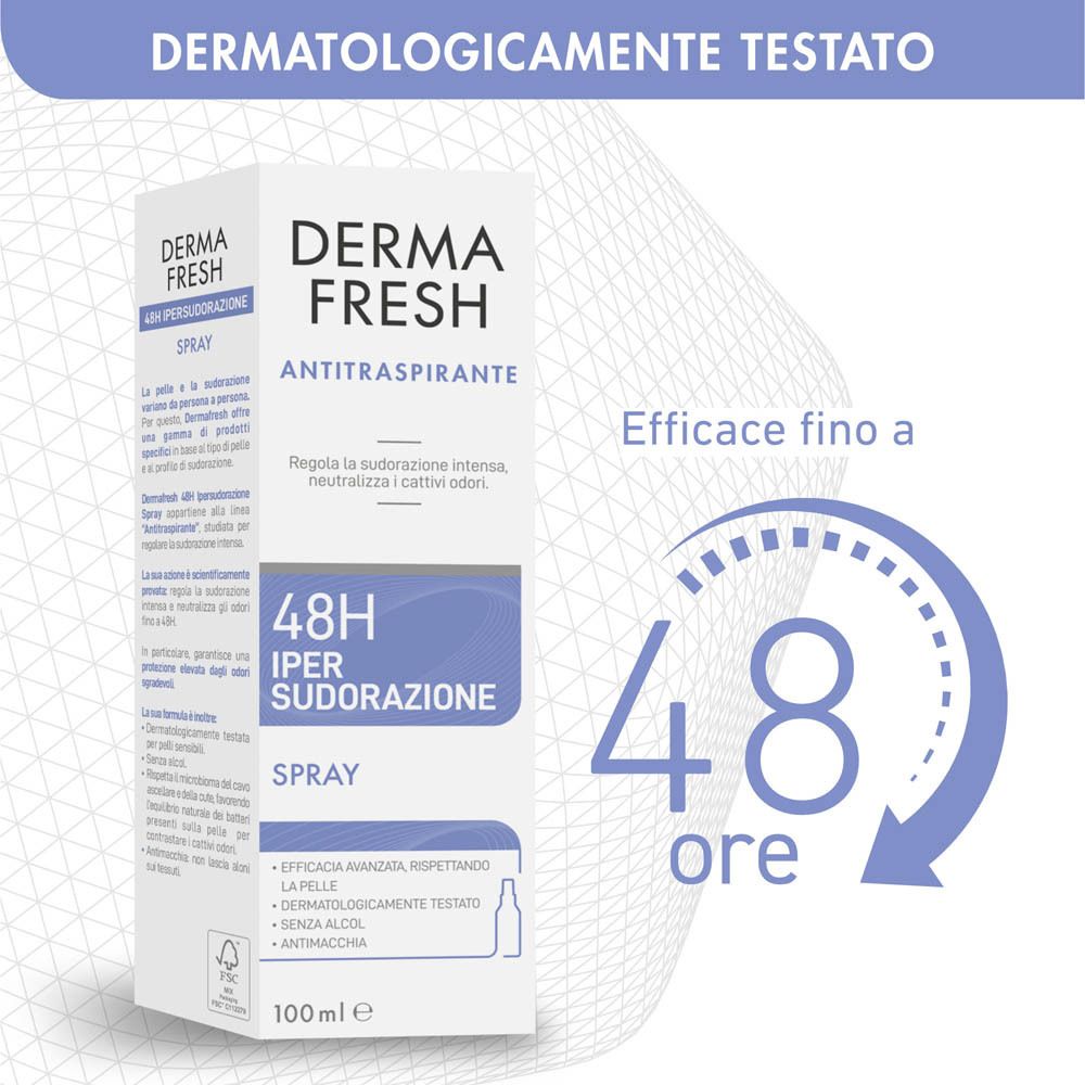 Dermafresh Spray Antitraspirante, 100ml. Testato dermatologicamente. Protezione 48h.