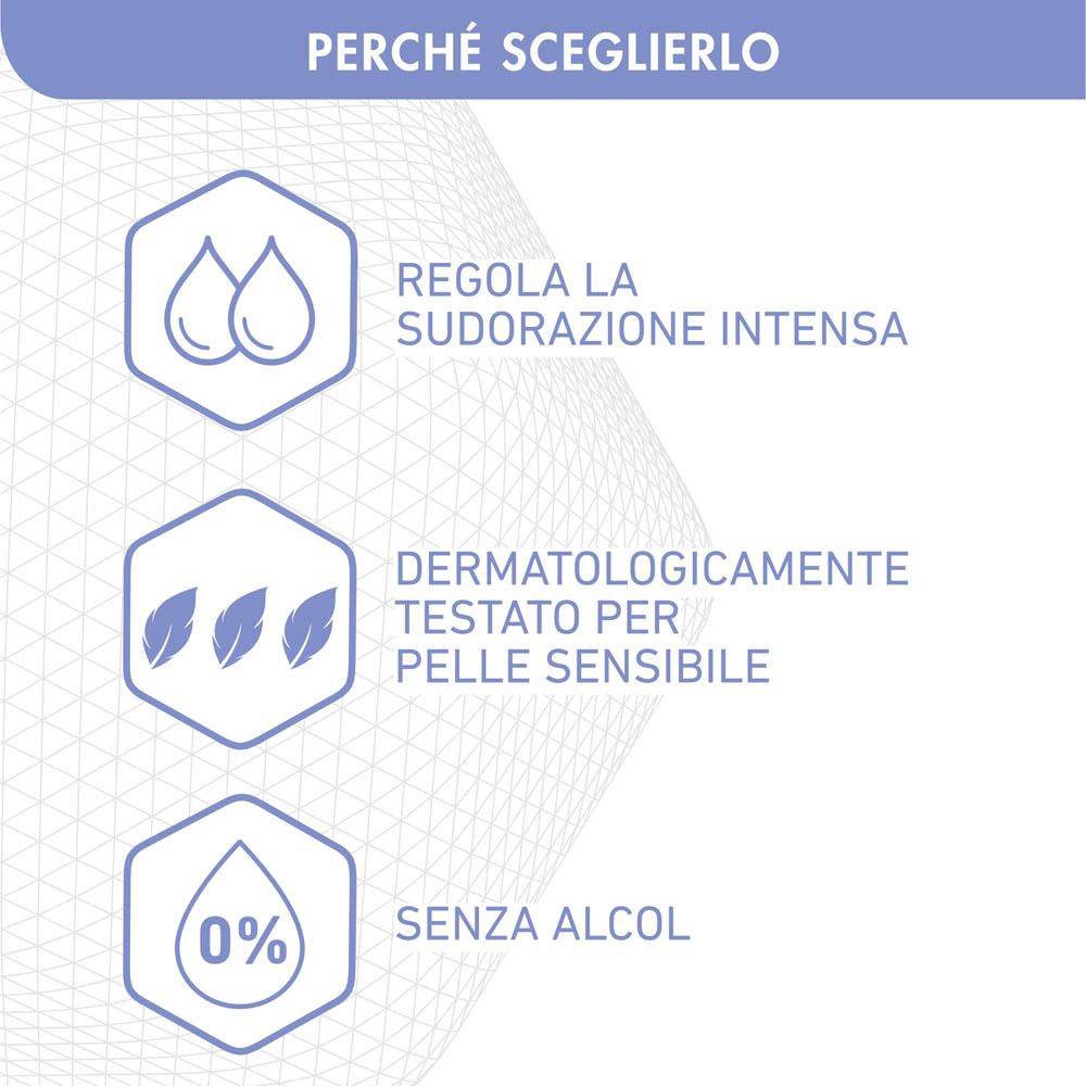Tre icone: gocce per regolare la sudorazione, foglie per pelli sensibili, 0% alcol.