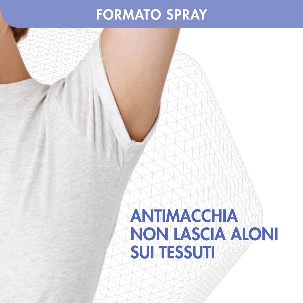 Persona con maglietta bianca, zona ascellare evidenziata. "FORMATO SPRAY" e "ANTIMACCHIA NON LASCIA ALONI SUI TESSUTI".
