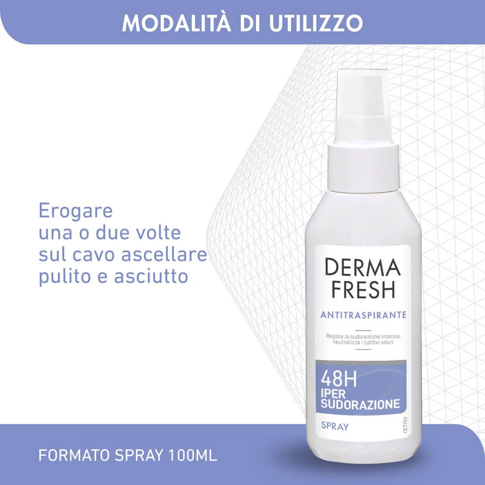 Flacone spray bianco DermaFresh Antitraspirante, protezione 48h, 100ml.
