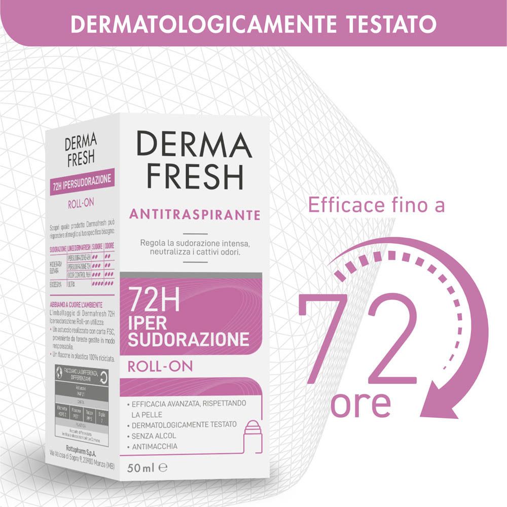Dermafresh Antitraspirante Roll-On 72h. Efficacia intensa, dermatologicamente testato.