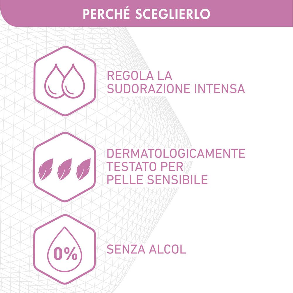 Regola la sudorazione intensa, testato dermatologicamente per pelli sensibili, senza alcool.